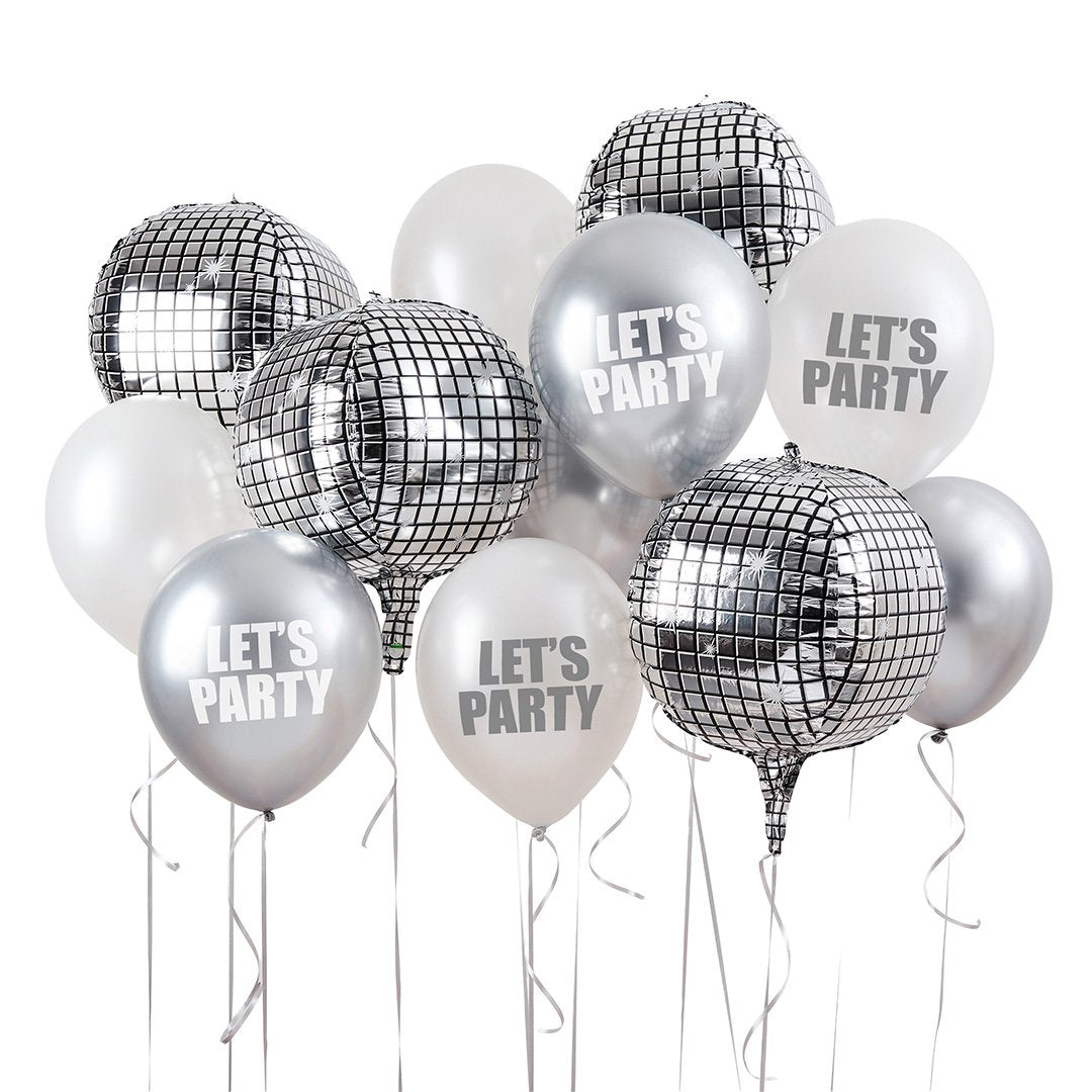 A cluster of silver and white balloons, including disco ball-patterned round balloons and oval balloons printed with the words 'LET'S PARTY' in bold gray text, shown on a plain white background.