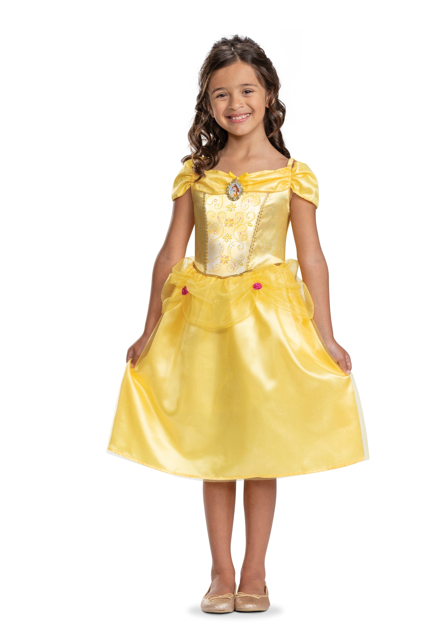 Front view of the Disney Beauty and the Beast Belle Classic Costume for children featuring a golden yellow dress with a character cameo and rose accents.