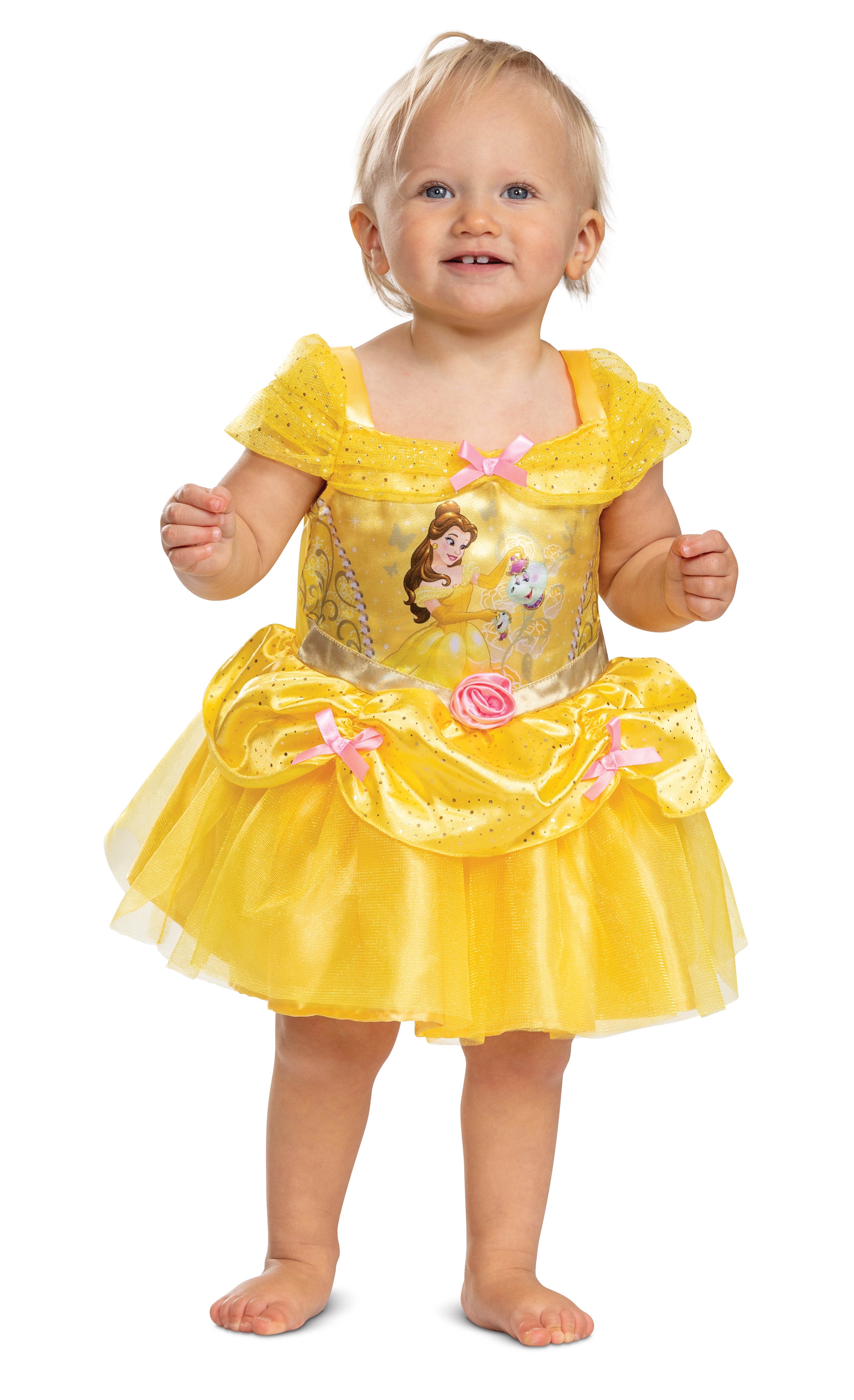 Toddler wearing the official Disney Belle Classic Costume, a golden yellow dress with pink bows, rose accents, and a character print of Belle.