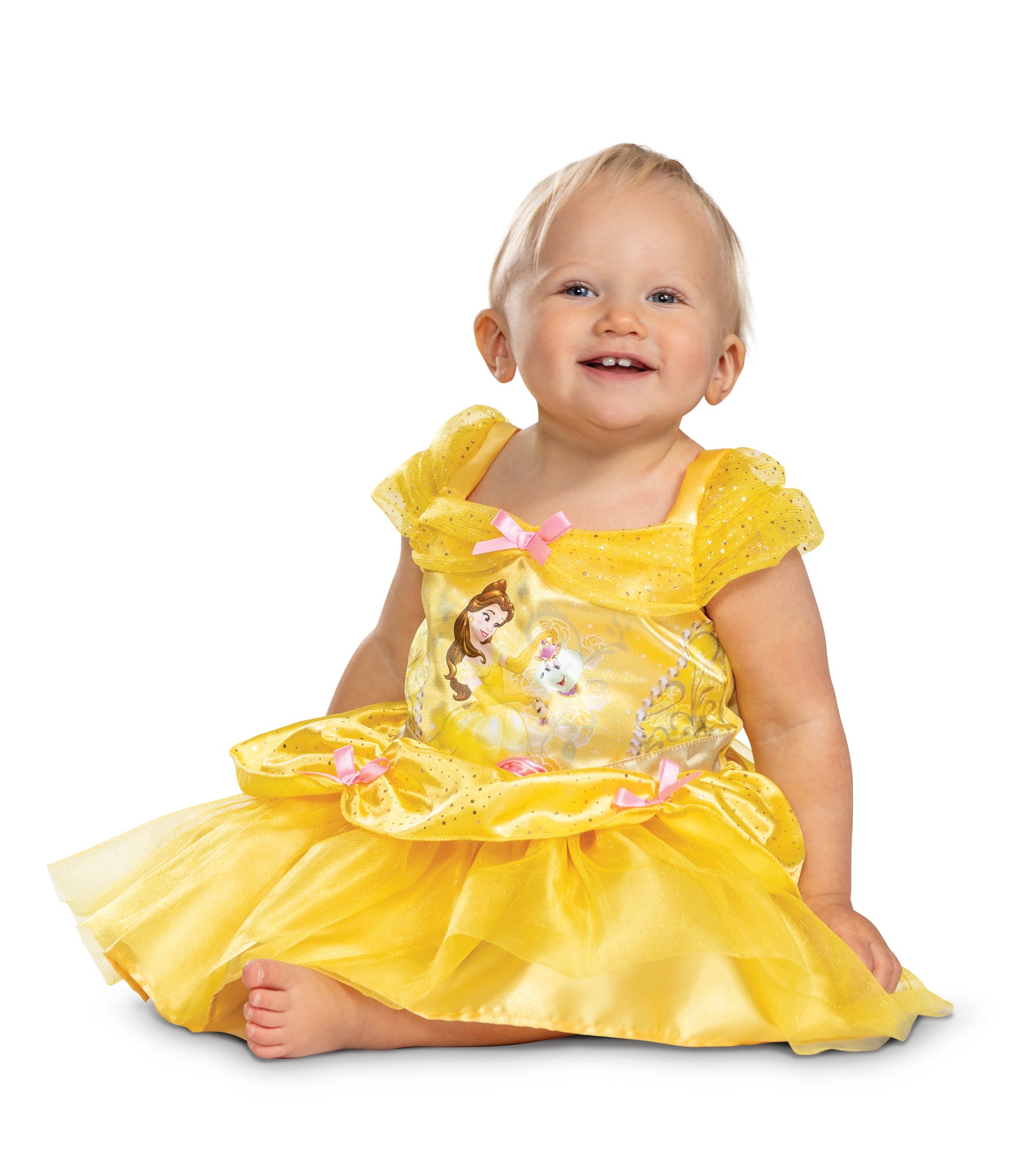 Toddler sitting down in the Belle Classic Costume, showing the full volume of the yellow tutu-style skirt and glittery capped sleeves.