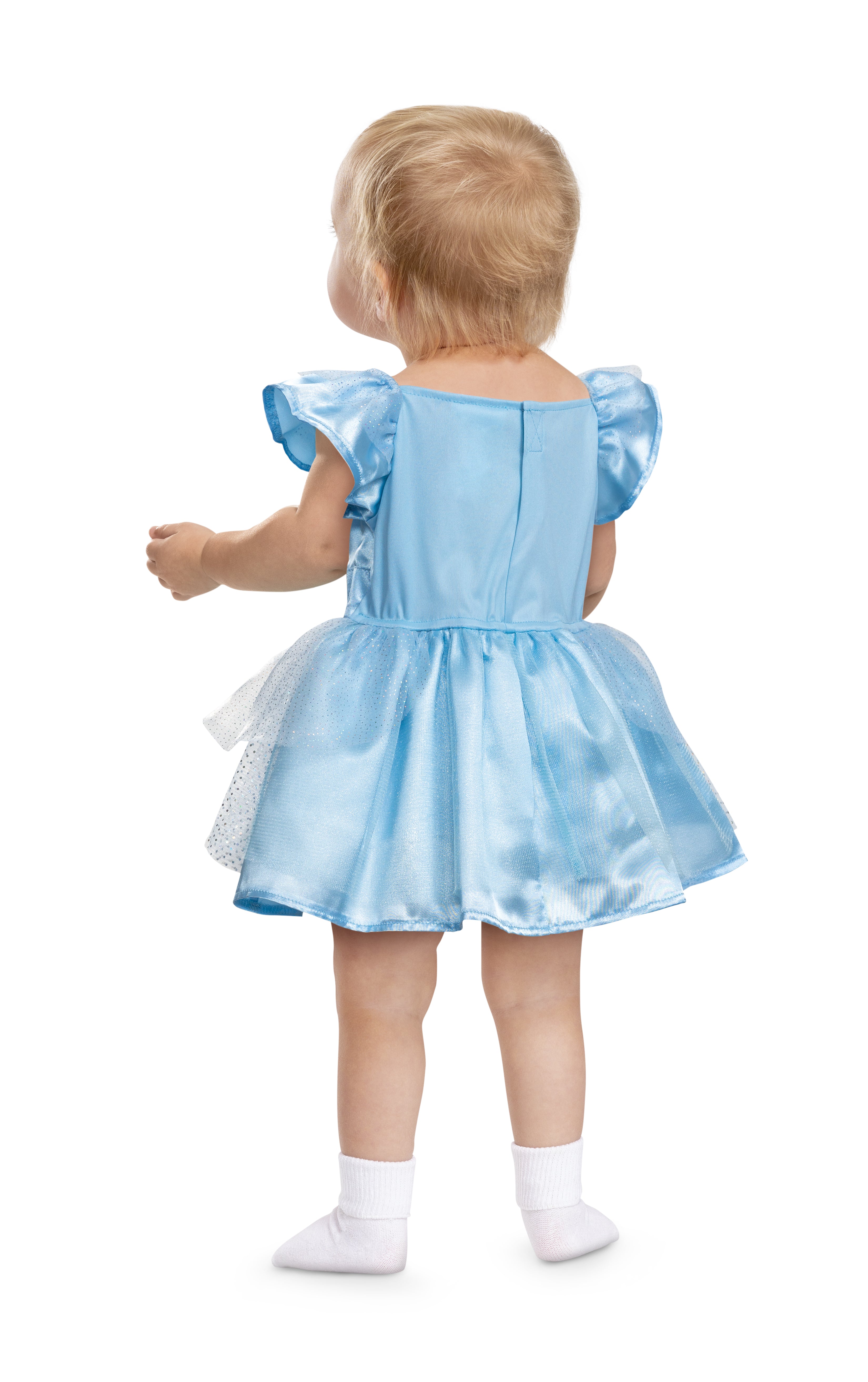 The back view of a toddler's classic blue Cinderella dress, showing the simple back closure, smooth bodice, and ruffled cap sleeves.