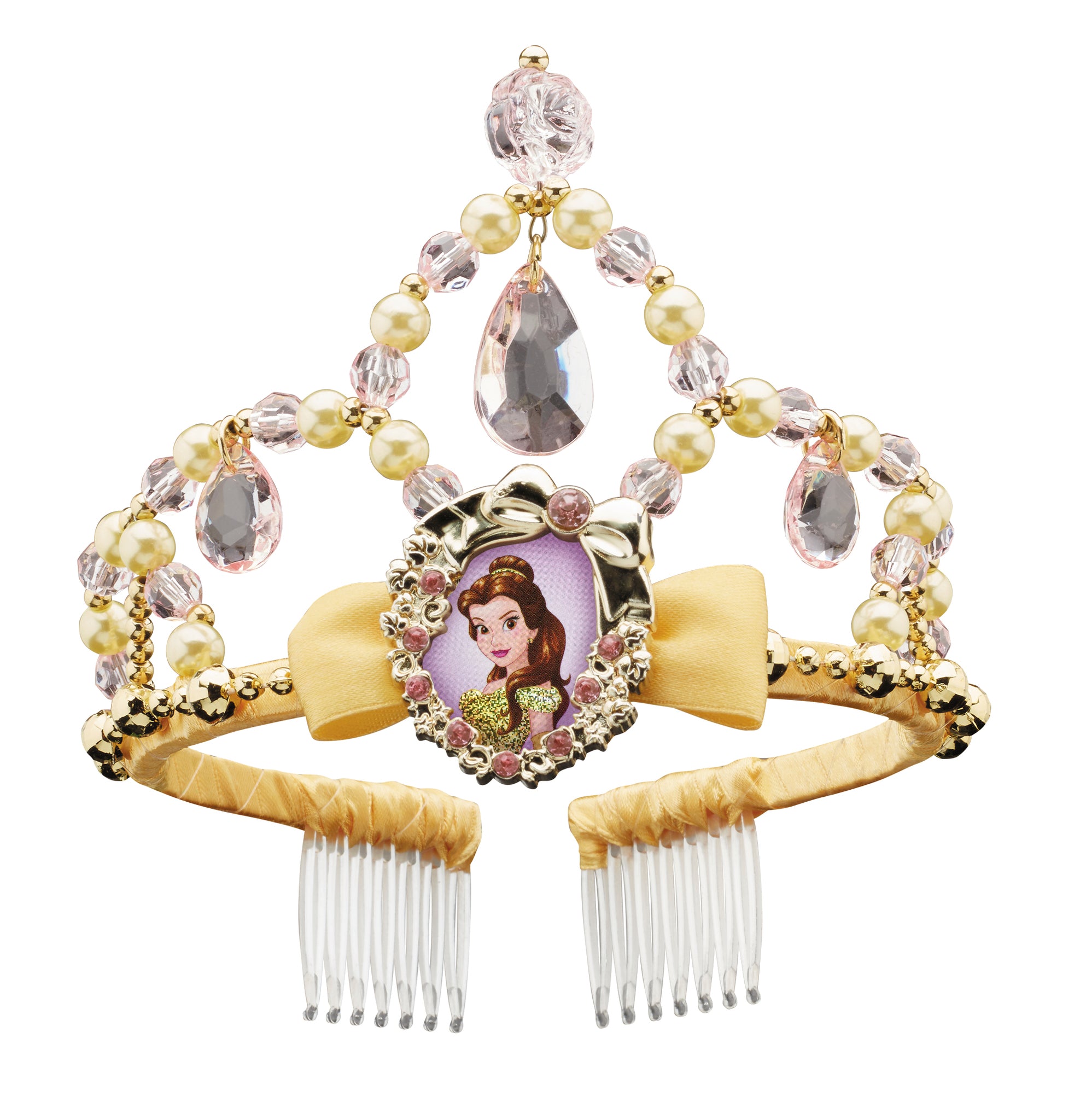 Golden Belle tiara for children featuring pink crystals, faux pearls, teardrop gems, and a central Belle character cameo.