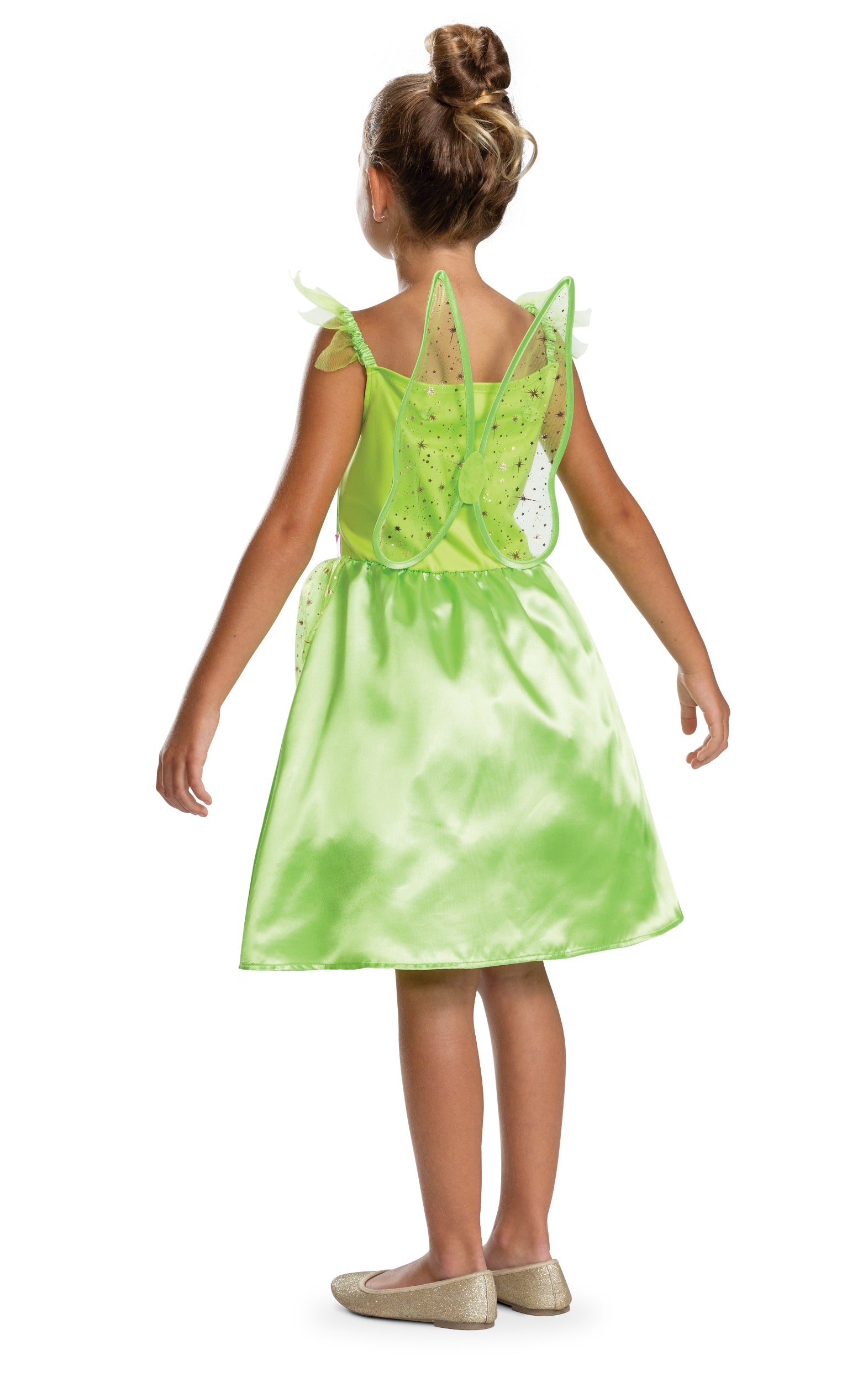 The back view of an officially licensed Tinkerbell fancy dress costume on a model, showcasing the bright green dress and attached sheer green fairy wings with gold star sparkles.
