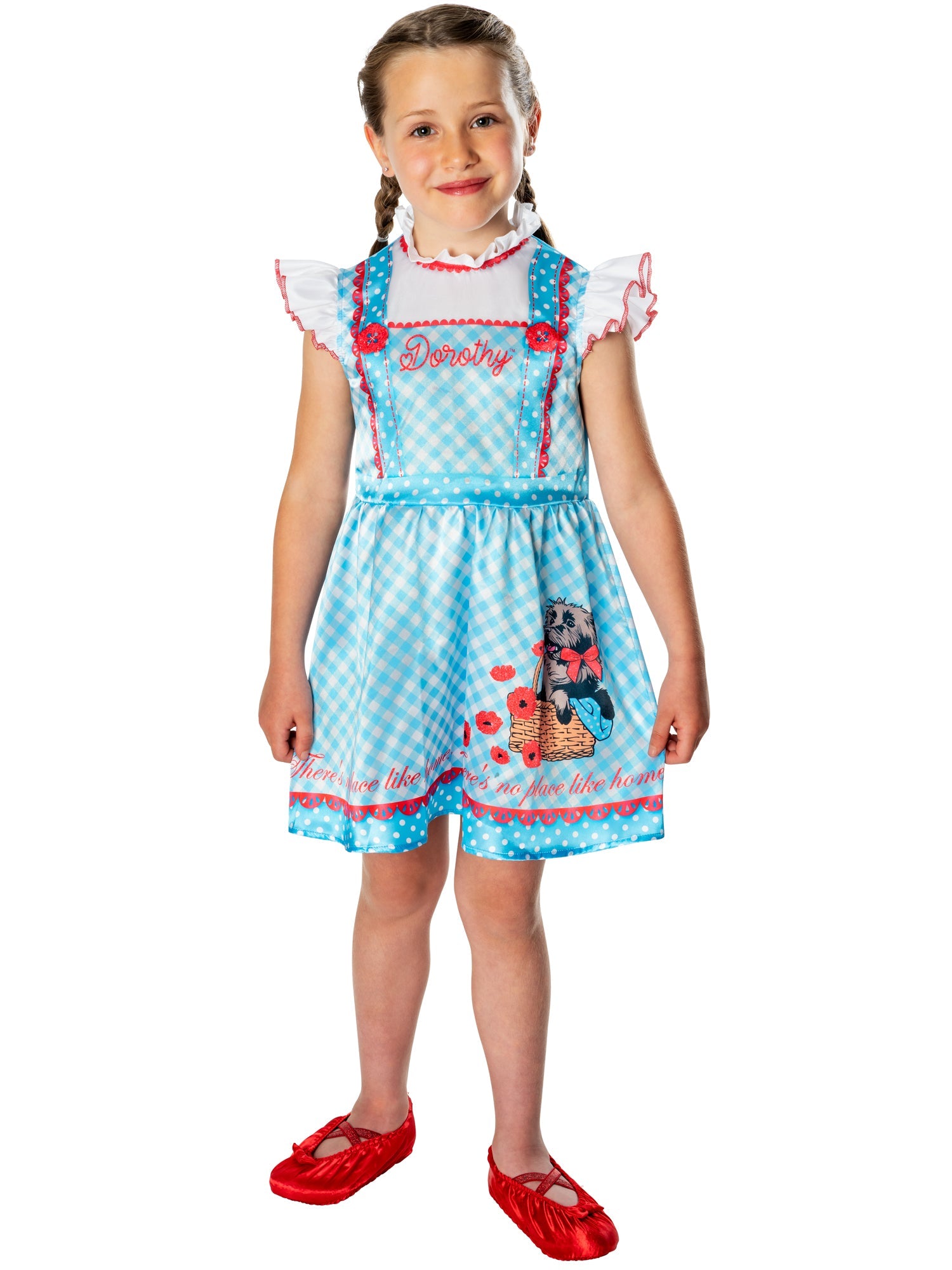 Child modelling the blue and white gingham Dorothy Wizard of Oz costume with Toto in a basket detail