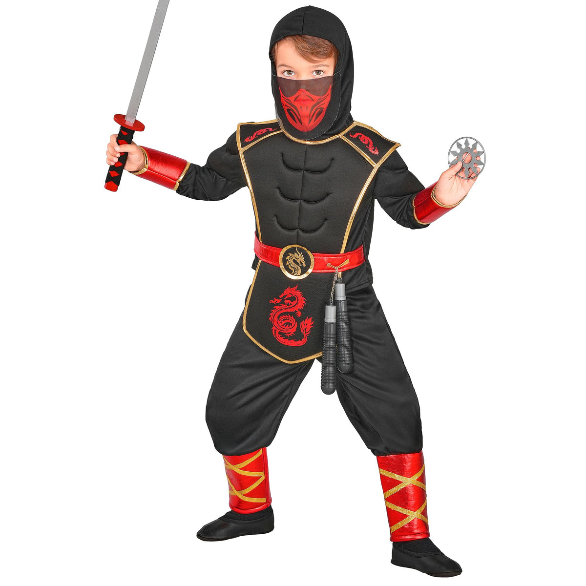 Child wearing black and red dragon ninja costume with hooded coat, padded muscles, red forearm guards and leg wraps, holding silver throwing star and red toy sword