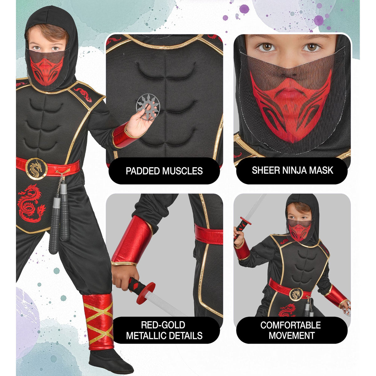 Close-up detail grid showing padded muscle chest section, red sheer ninja mask with dragon design, red and gold metallic leg wrap details, and full costume range demonstrating comfortable movement