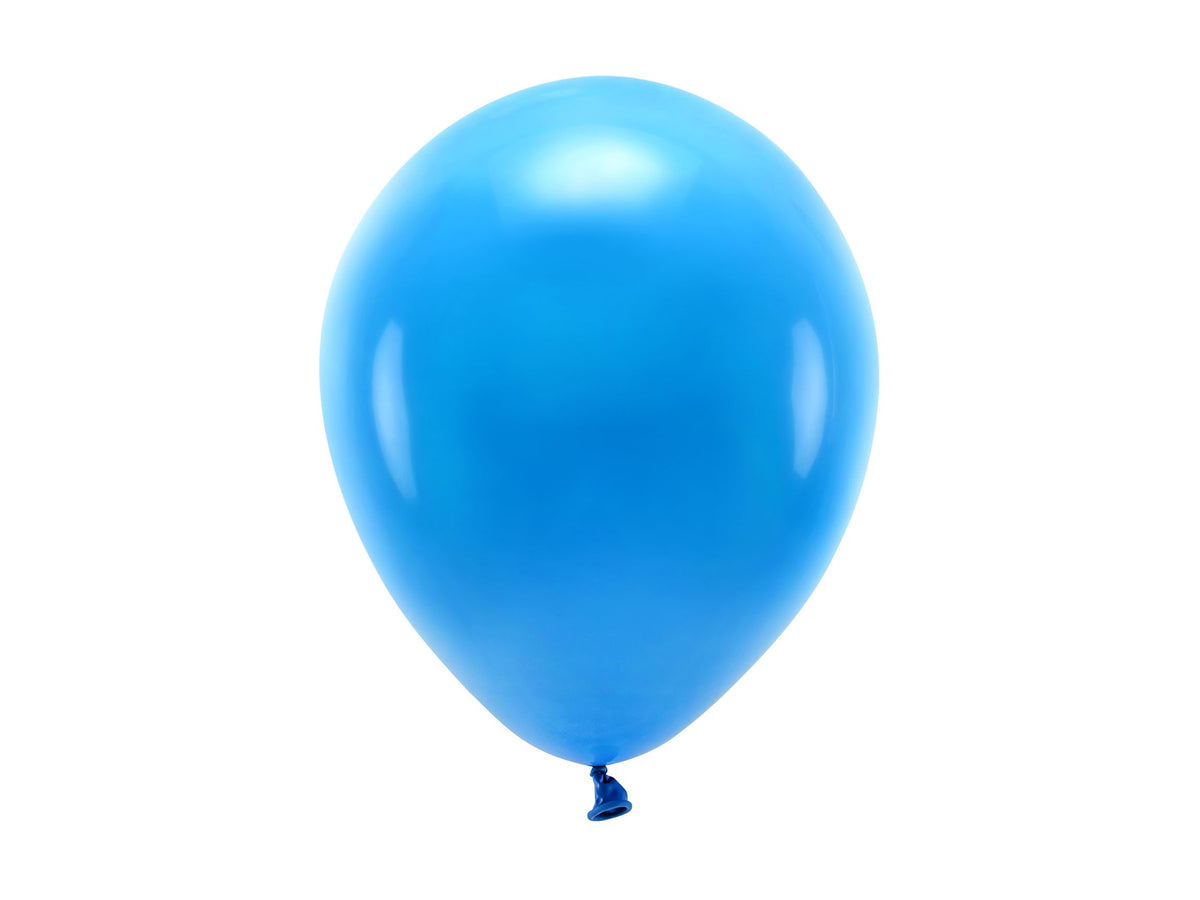 A single fully inflated pastel blue latex party balloon floating against a stark white background.