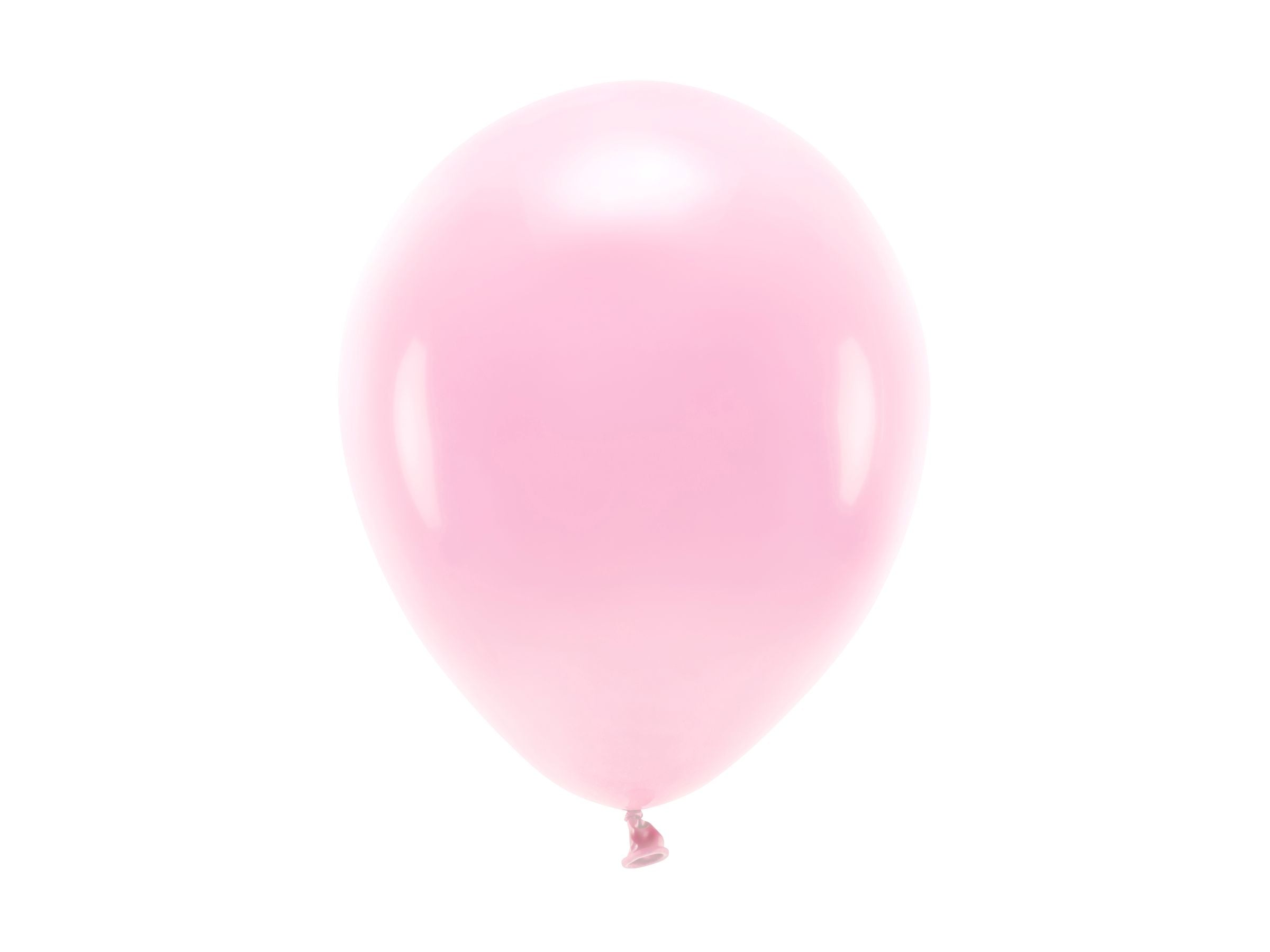 A single, inflated pastel light pink latex balloon with a smooth, matte finish, isolated on a white background.