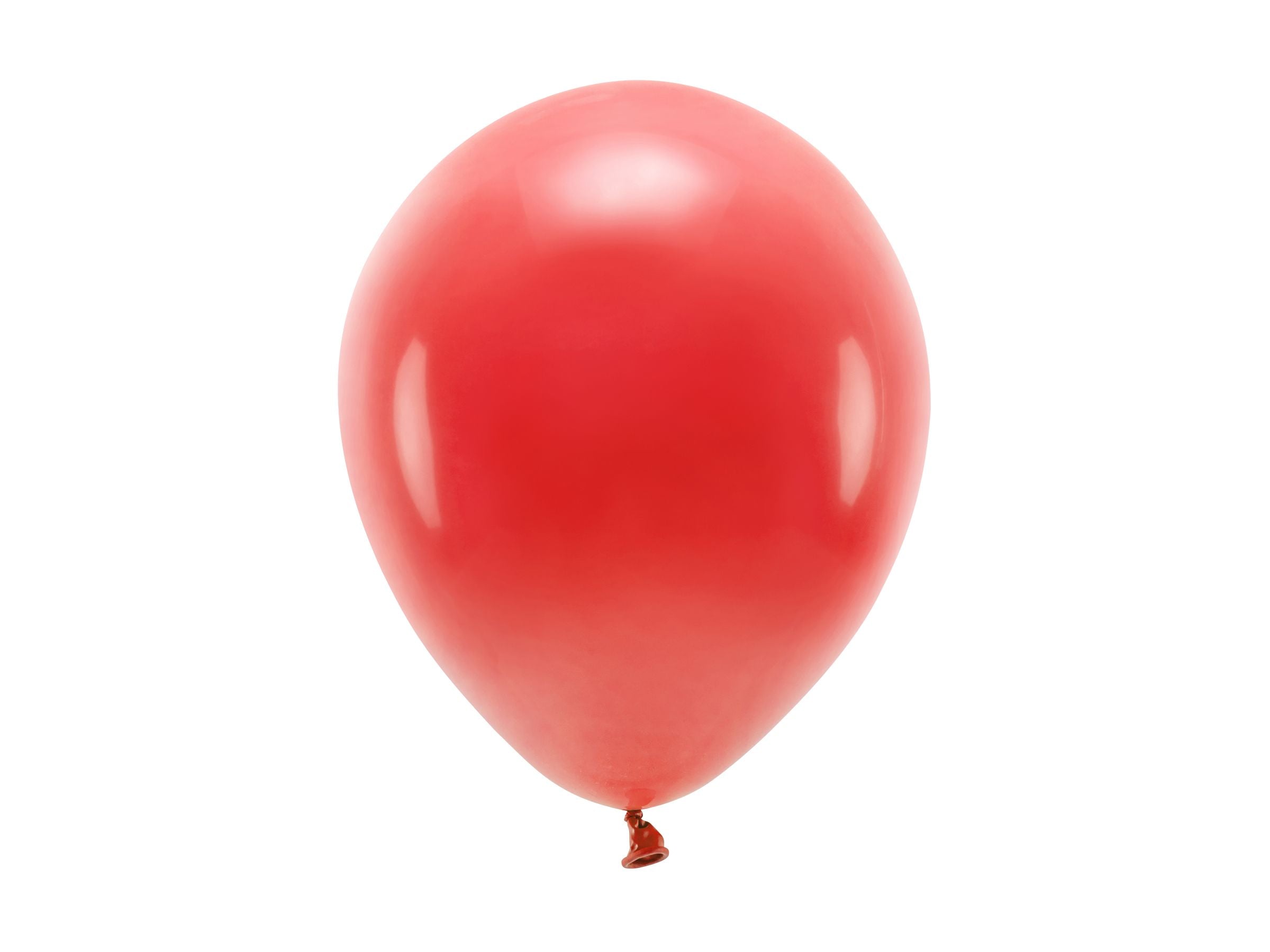 A single, inflated pastel red latex balloon with a smooth, shiny finish, isolated on a white background.