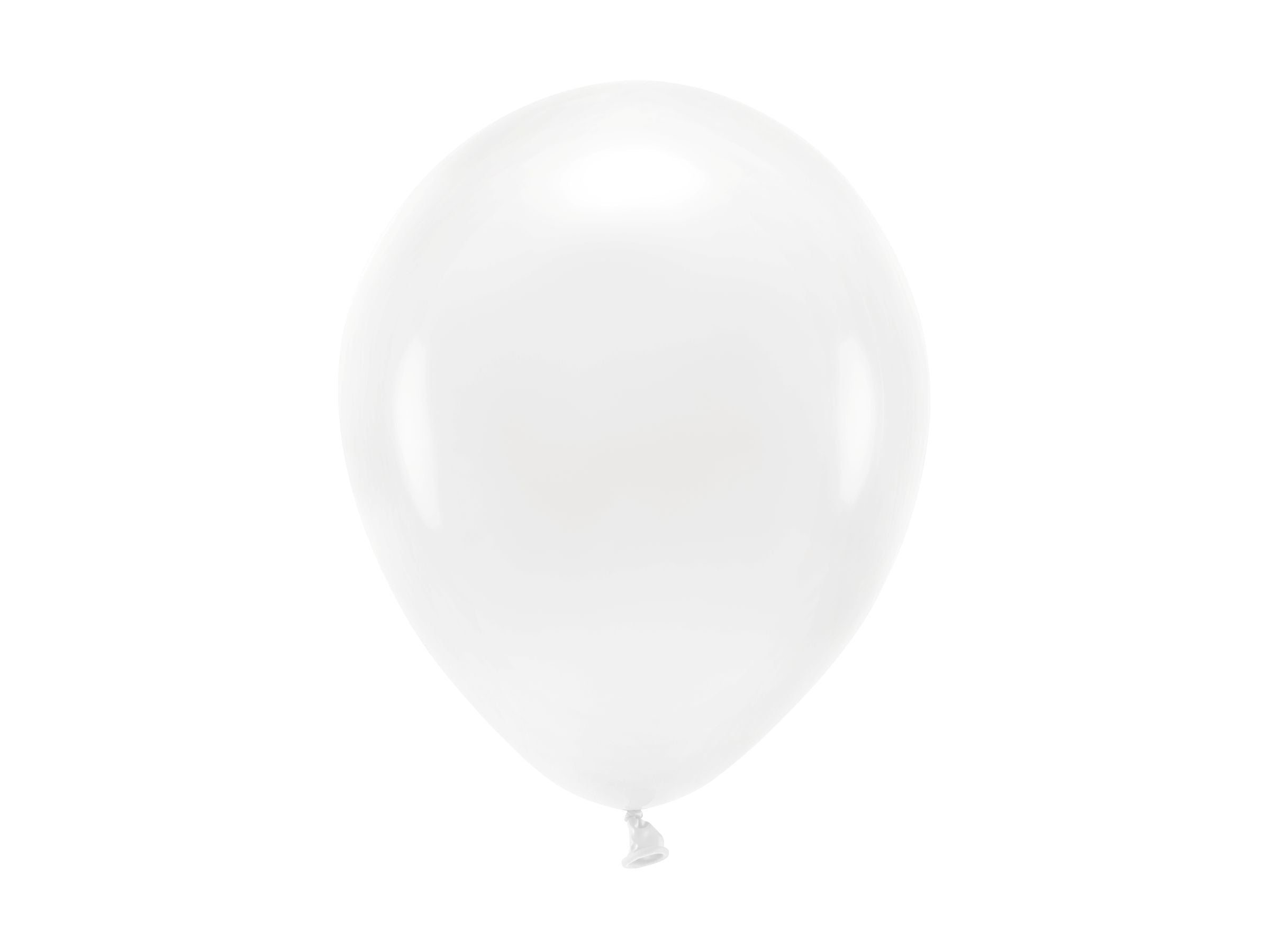 A single, inflated white latex balloon with a smooth, shiny surface, isolated on a white background.