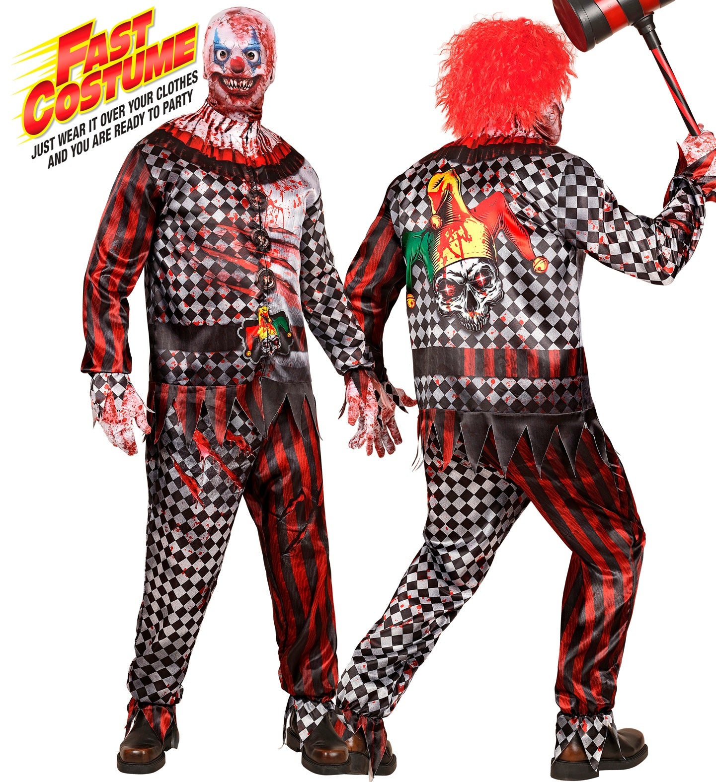 A man models a 'Fast Costume' adult evil clown outfit, designed to be worn over clothes, featuring a gory 3D print and a scary mask.