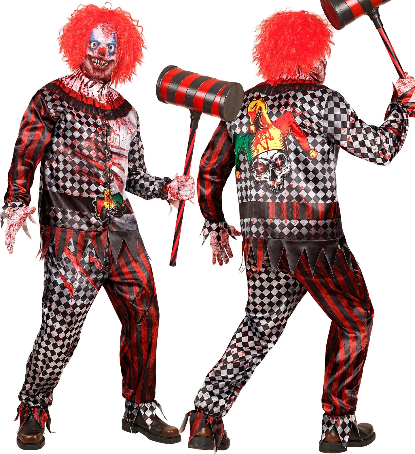 Front and back views of the adult evil clown costume, showing the detailed bloody checkerboard print and a jester skull graphic on the back.