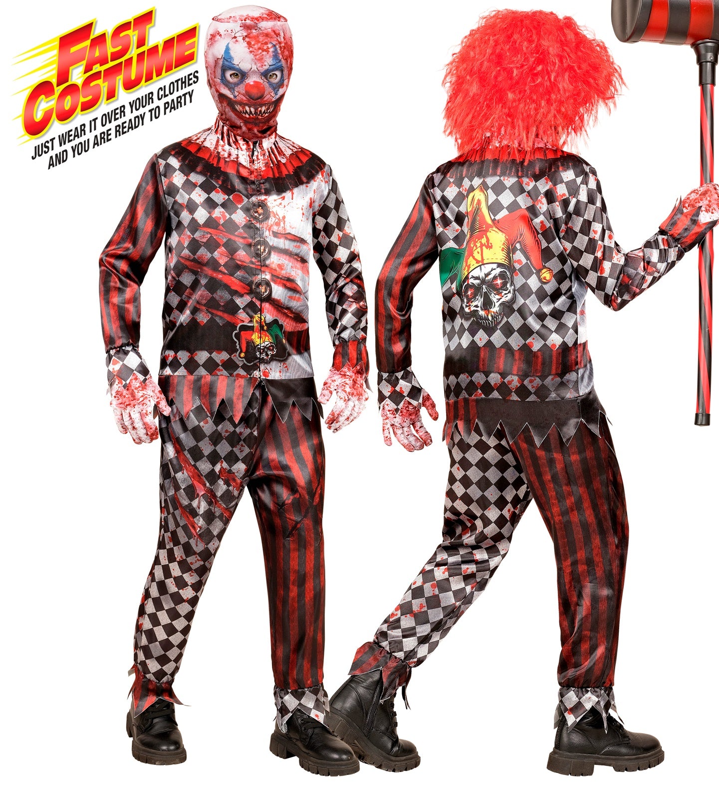 A child models a 'Fast Costume' evil clown outfit, designed to be worn over clothes, featuring a gory 3D print and a red wig.