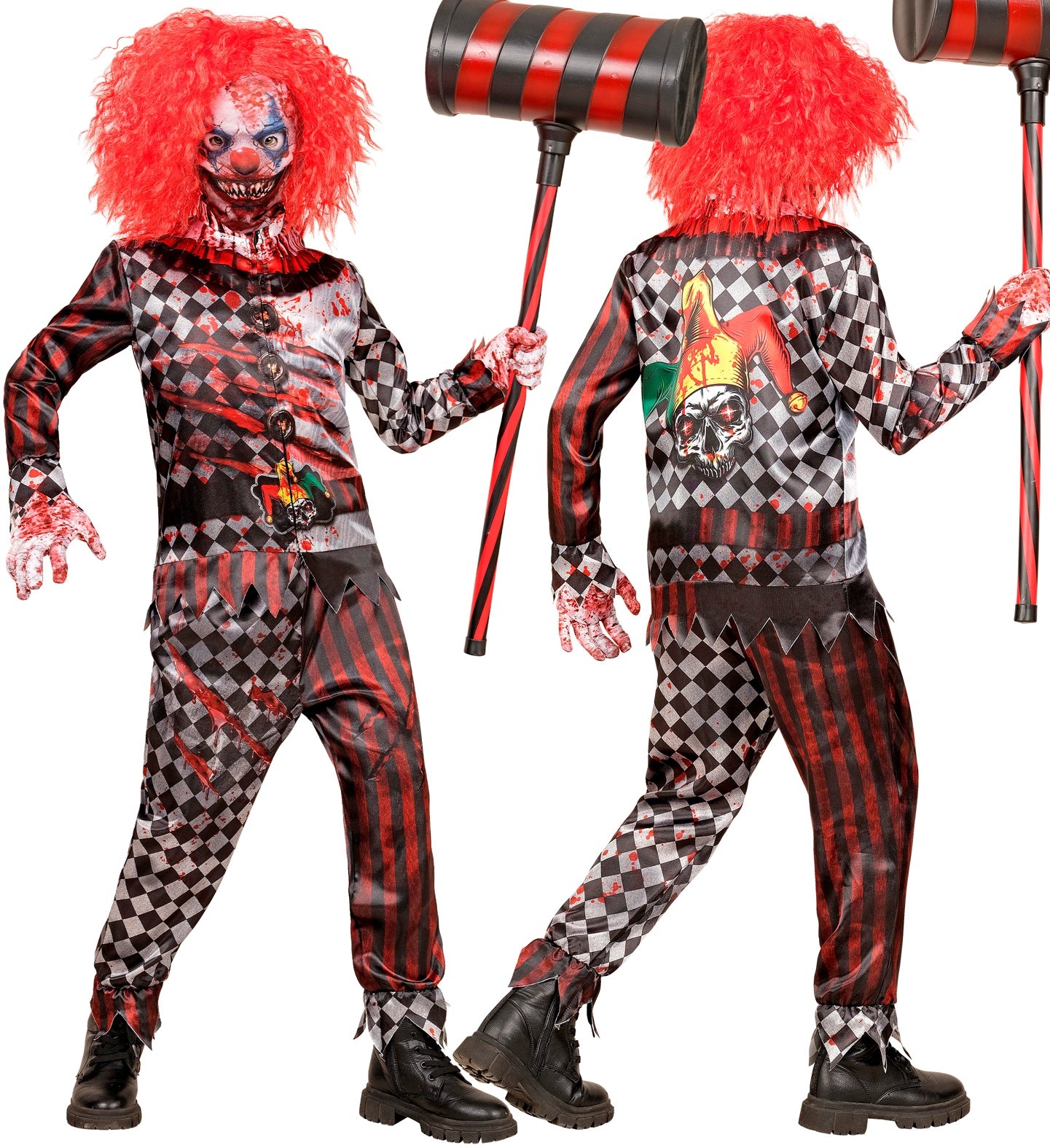 Front and back views of the child's evil clown costume, showing the detailed bloody checkerboard print and a jester skull graphic on the back.