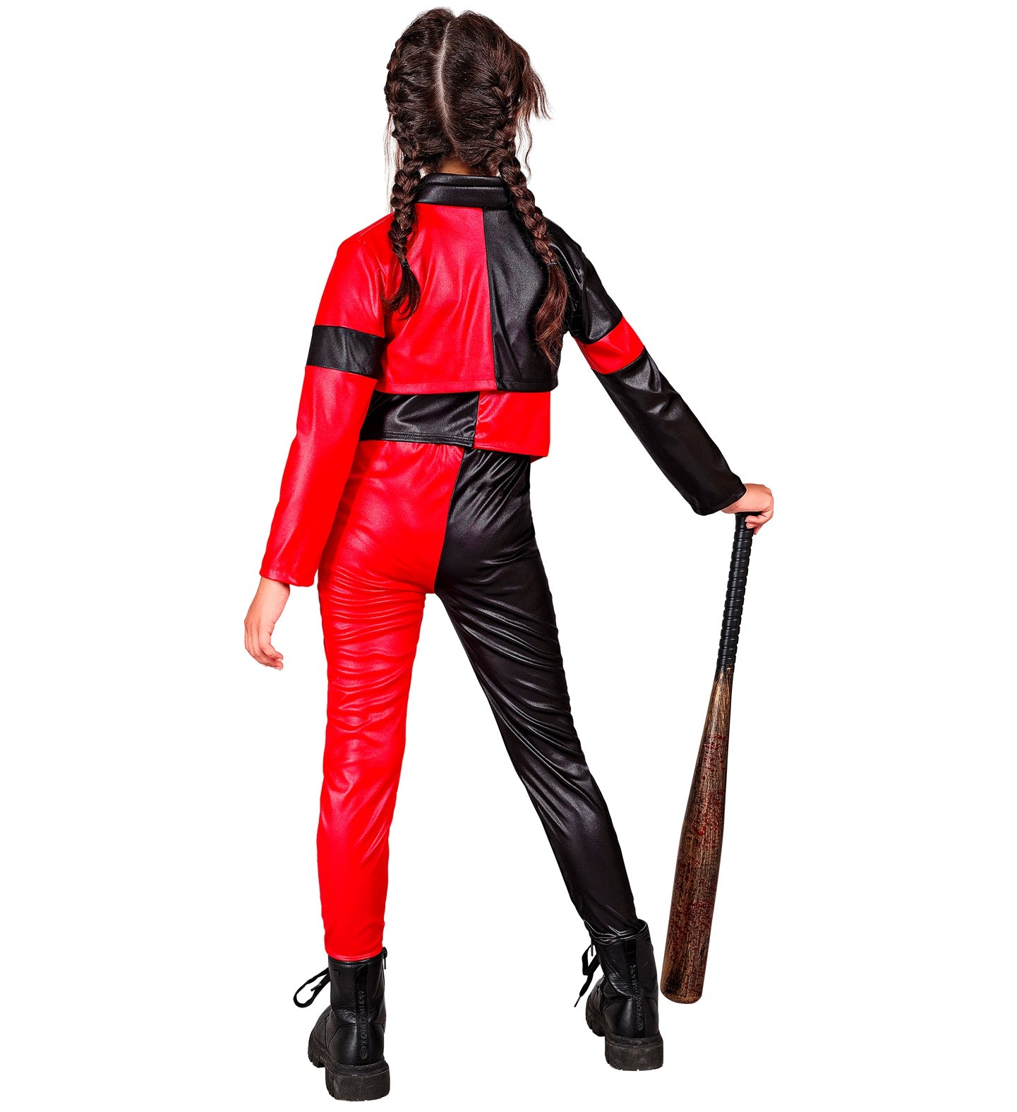 A child in a red and black harlequin costume, seen from the back, holding a toy baseball bat. The costume's red and black color-blocking is clearly visible.