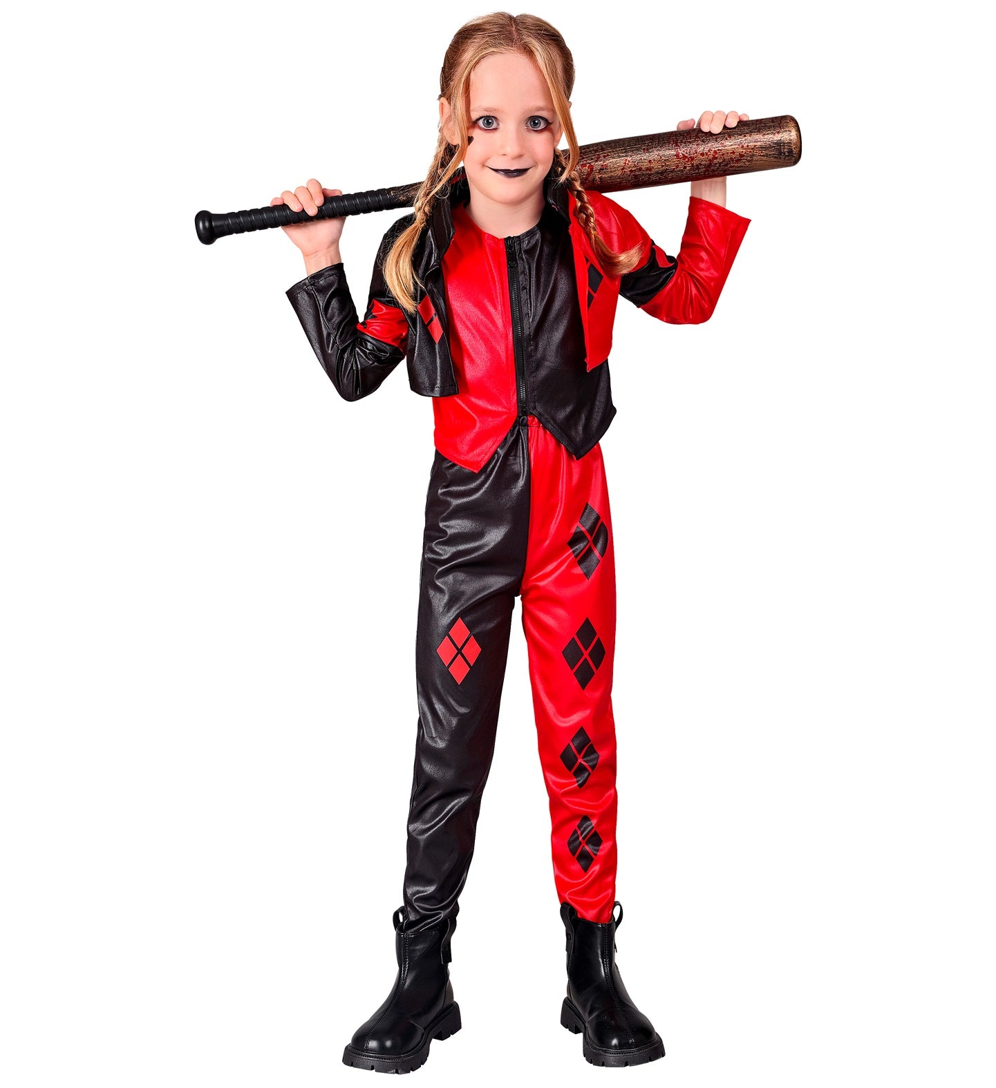 A child in a red and black harlequin costume, holding a toy baseball bat over her shoulder, with black clown makeup on her mouth and braided pigtails. The costume has diamond patterns on the pants.