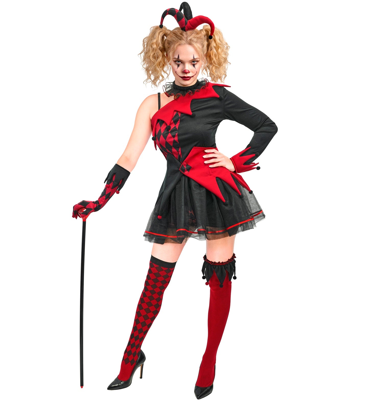 A close-up portrait of a female model wearing spooky jester eye makeup and dark lipstick, looking playfully at the camera while wearing a black and red evil jester headpiece and a ruffled neck choker.