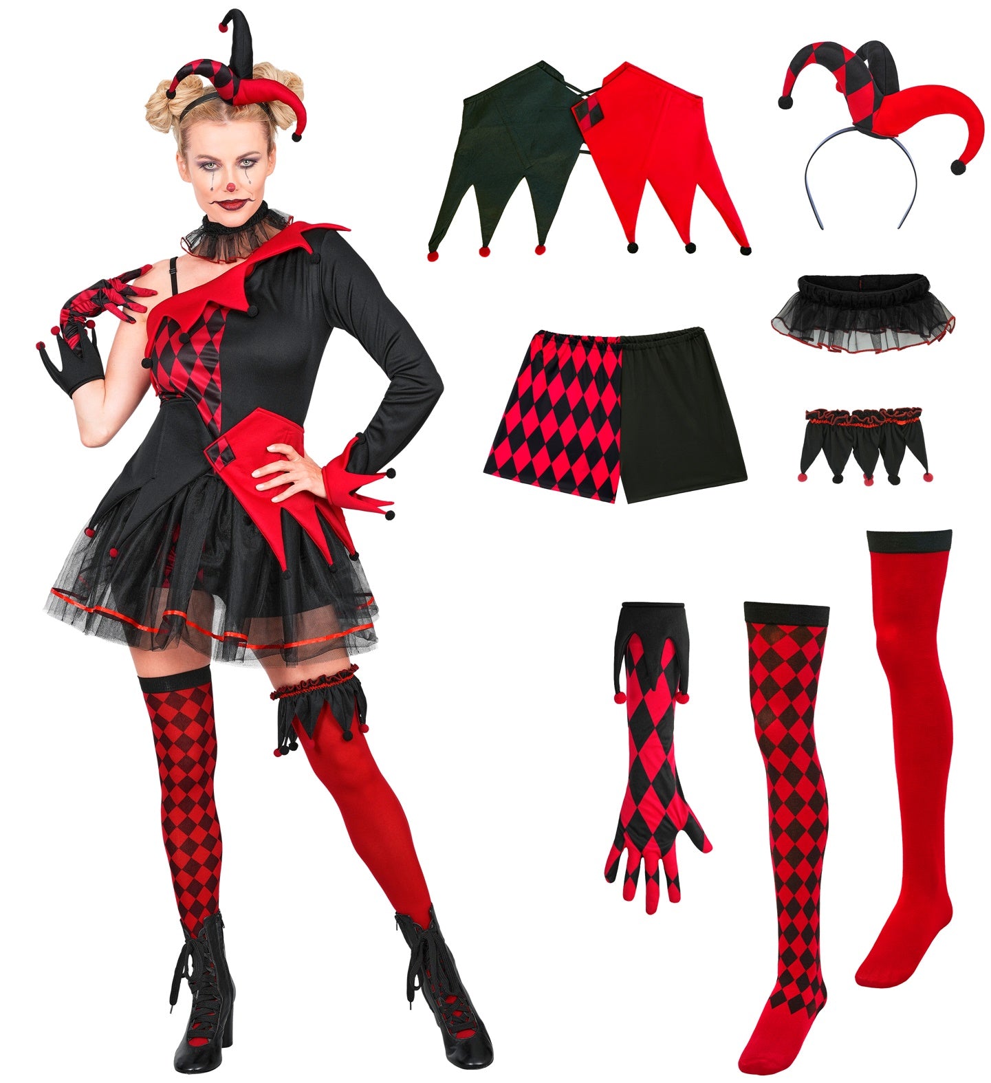 A deluxe product layout showing a female model in an evil jester lady costume alongside isolated views of the included accessories: a dual-point jester headpiece, black shorts, a waist belt, checkerboard and striped thigh-high stockings, a garter, a neck choker, and matching gloves.