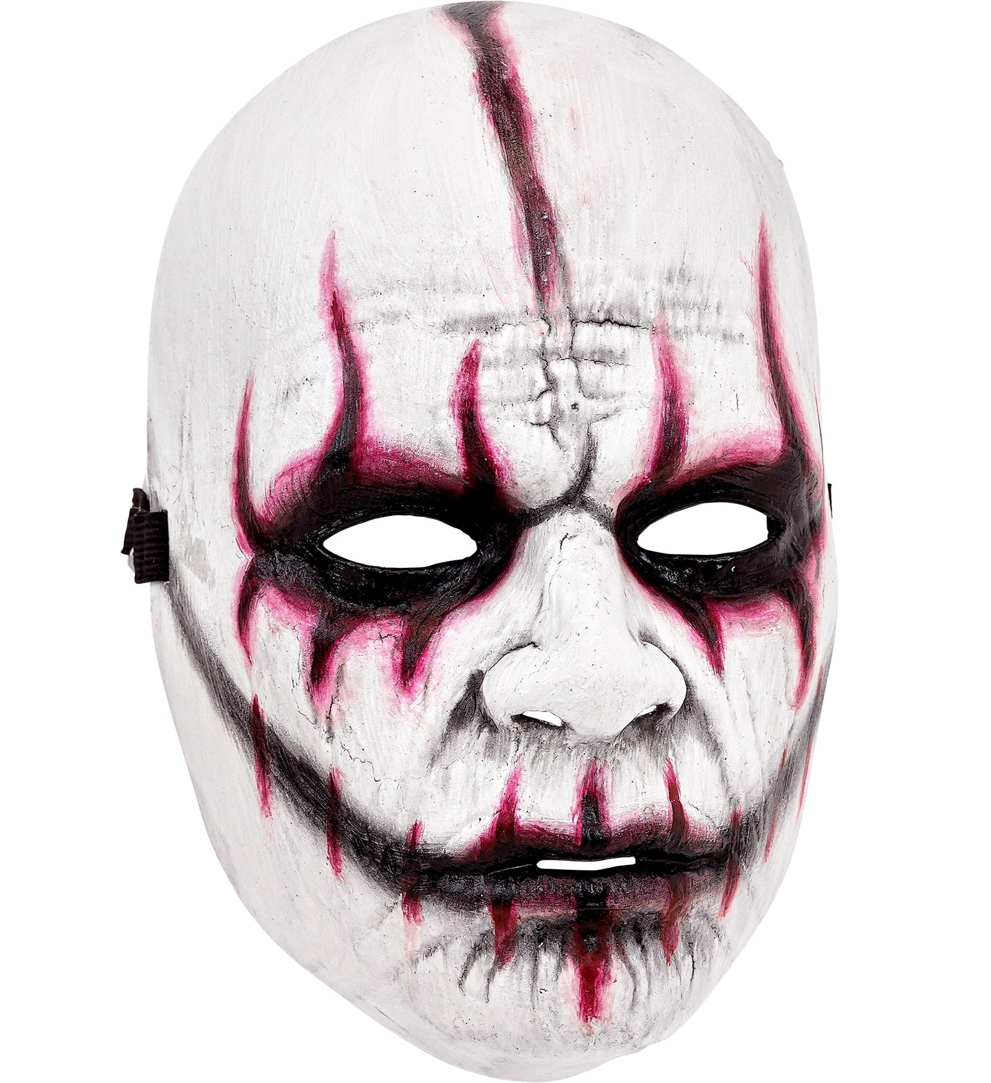 A white evil joker horror mask with a cracked texture and smeared red and black markings around the eyes and mouth.