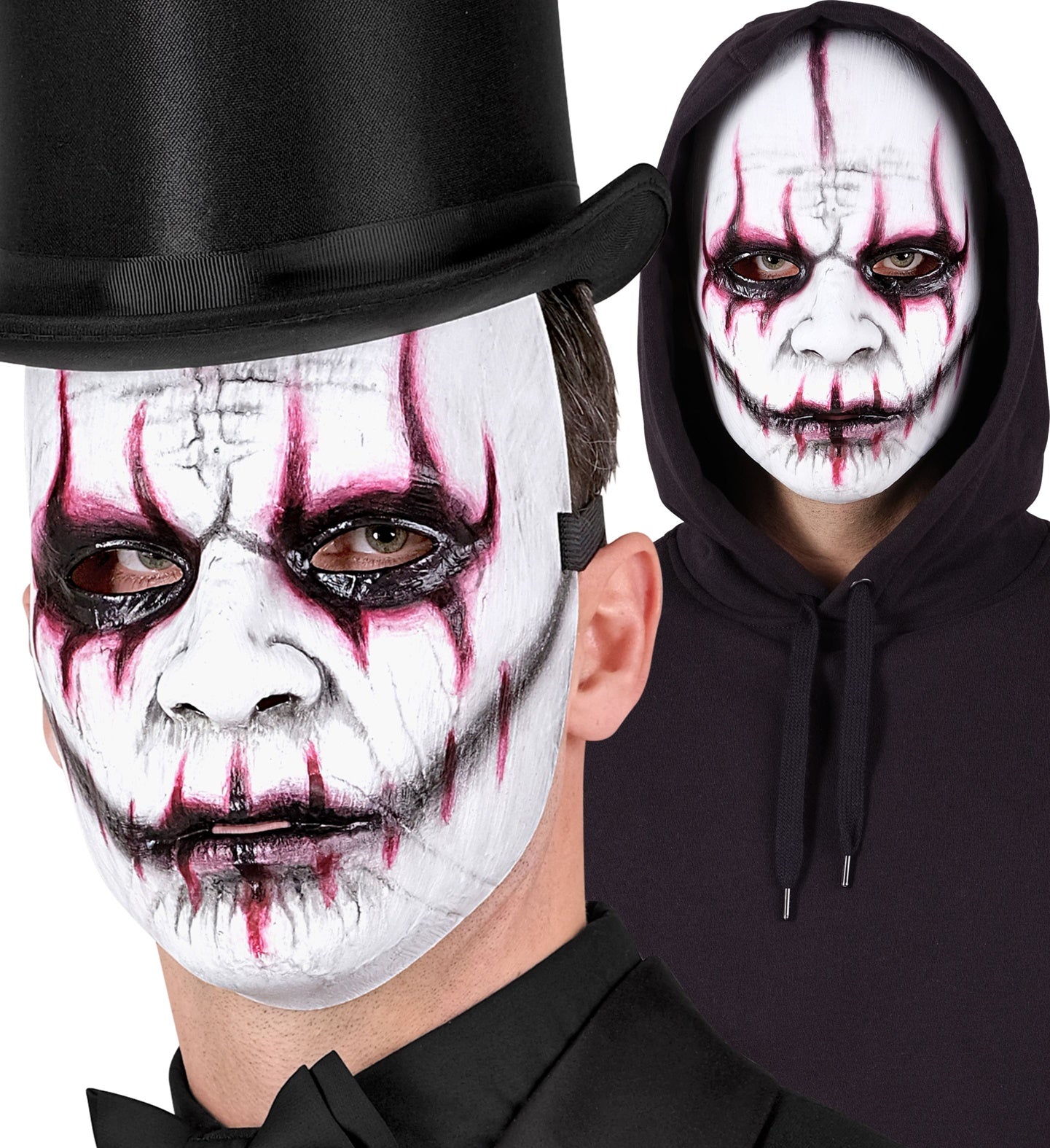 A collage showing a man wearing the evil joker mask in two styles: with a black top hat and tuxedo, and with a black hoodie.