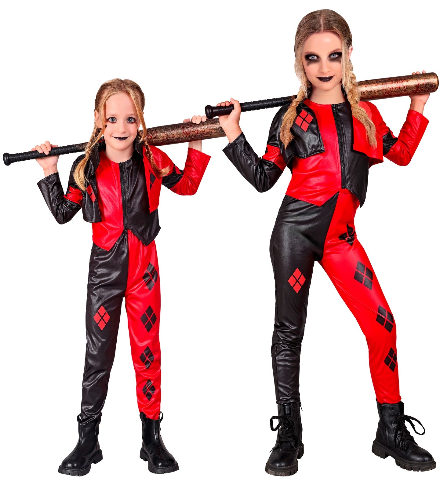Two girls in matching red and black harlequin costumes. The younger one on the left holds a toy baseball bat with both hands, while the older one on the right holds a larger toy bat over her shoulder. The costumes feature a two-tone jacket and pants with red diamond prints.