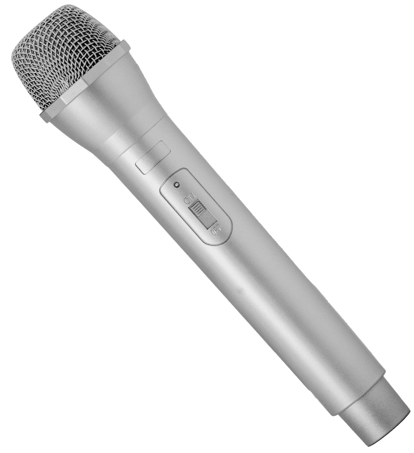 Close-up of a 24 cm silver toy microphone prop showing the realistic mesh head and on/off switch detail.