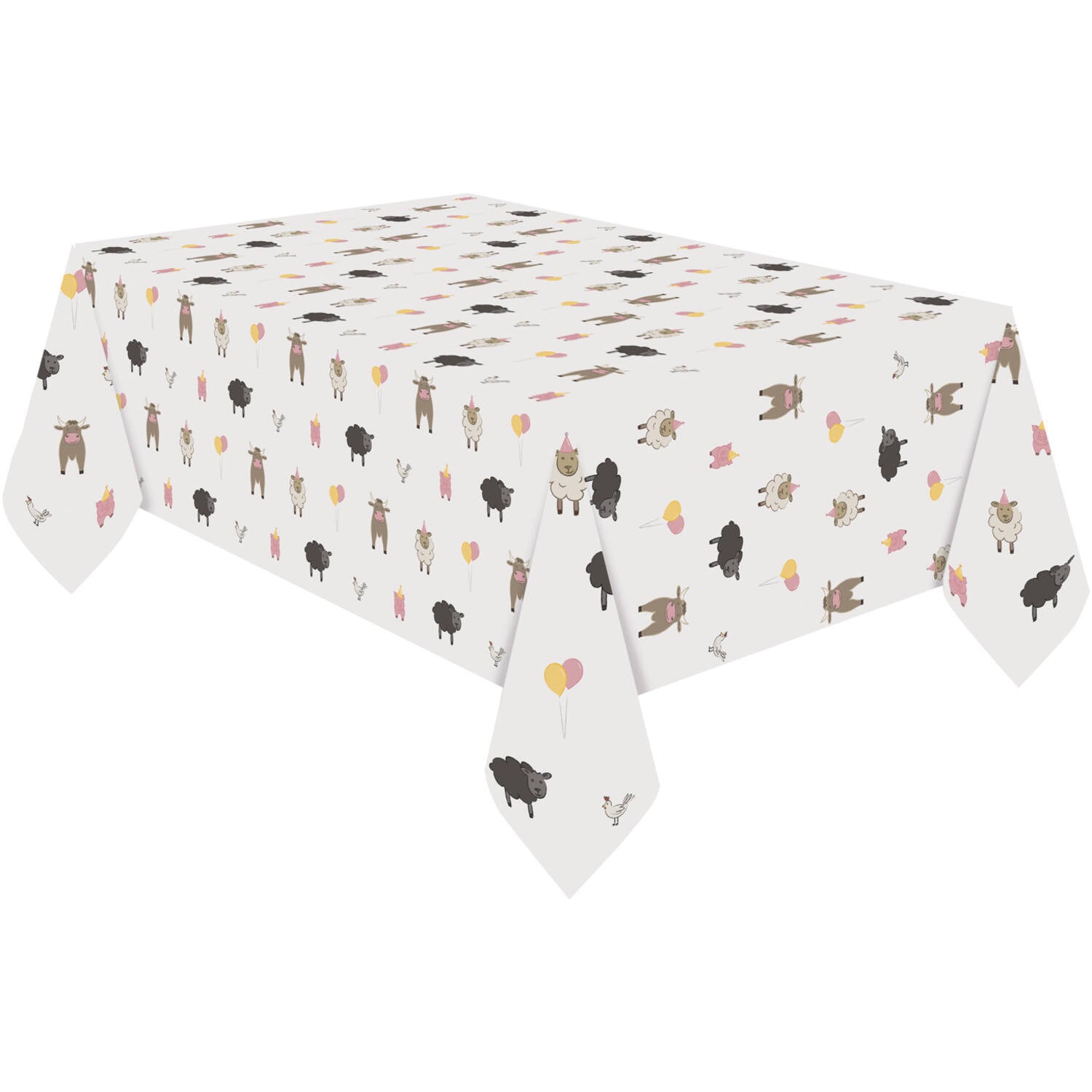 A rectangular white paper party tablecover draped over a table, featuring a cute repeating pattern of illustrated farm animals including cows, black sheep, white sheep in pink party hats, pink pigs, and small pink and yellow balloons.