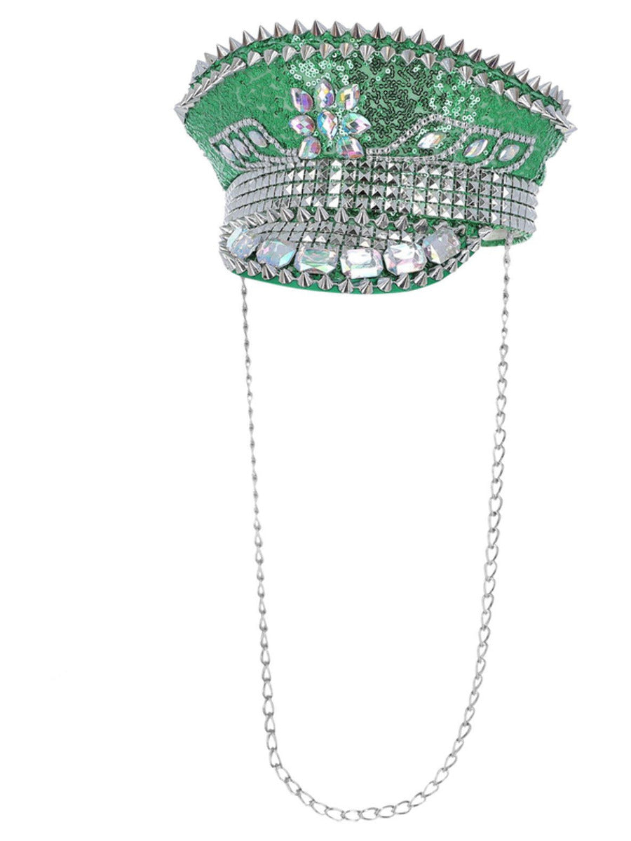 Fever Deluxe Sequin Studded Captains Hat Green