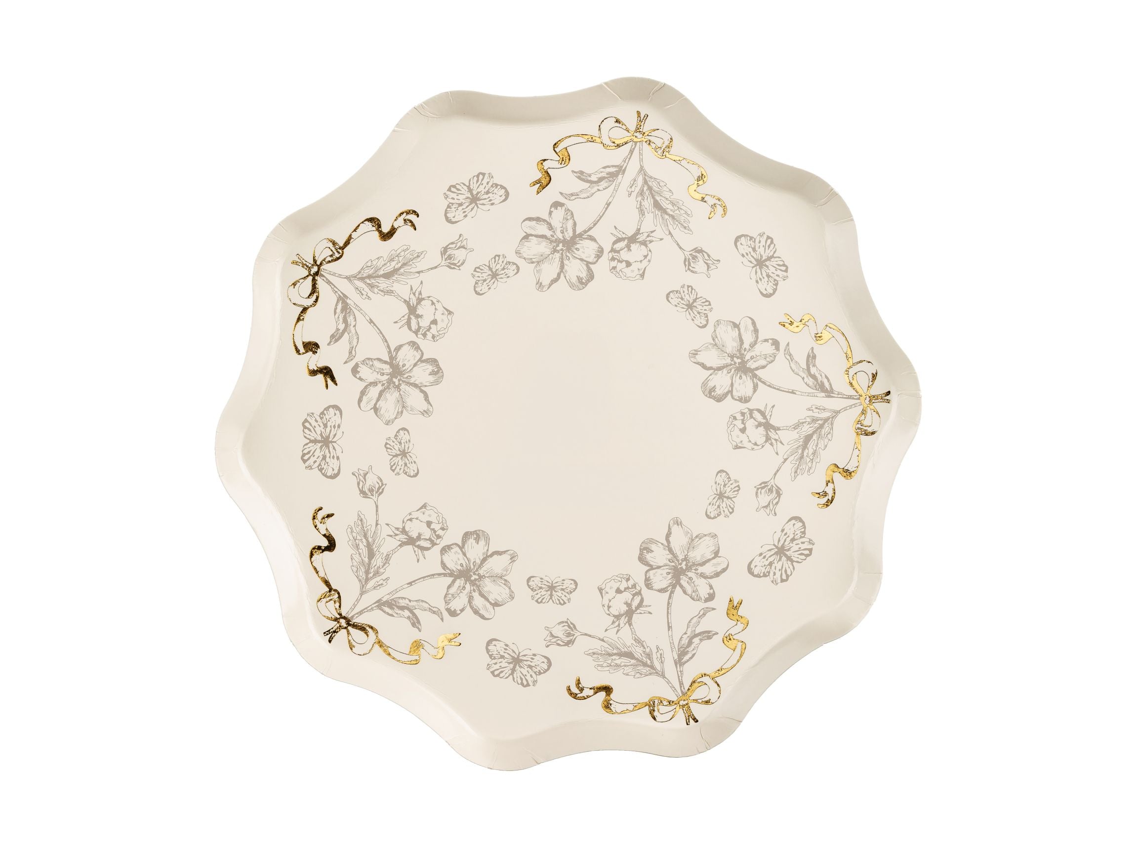 Beige flower paper plate with dark beige floral patterns and gold foil ribbon accents.
