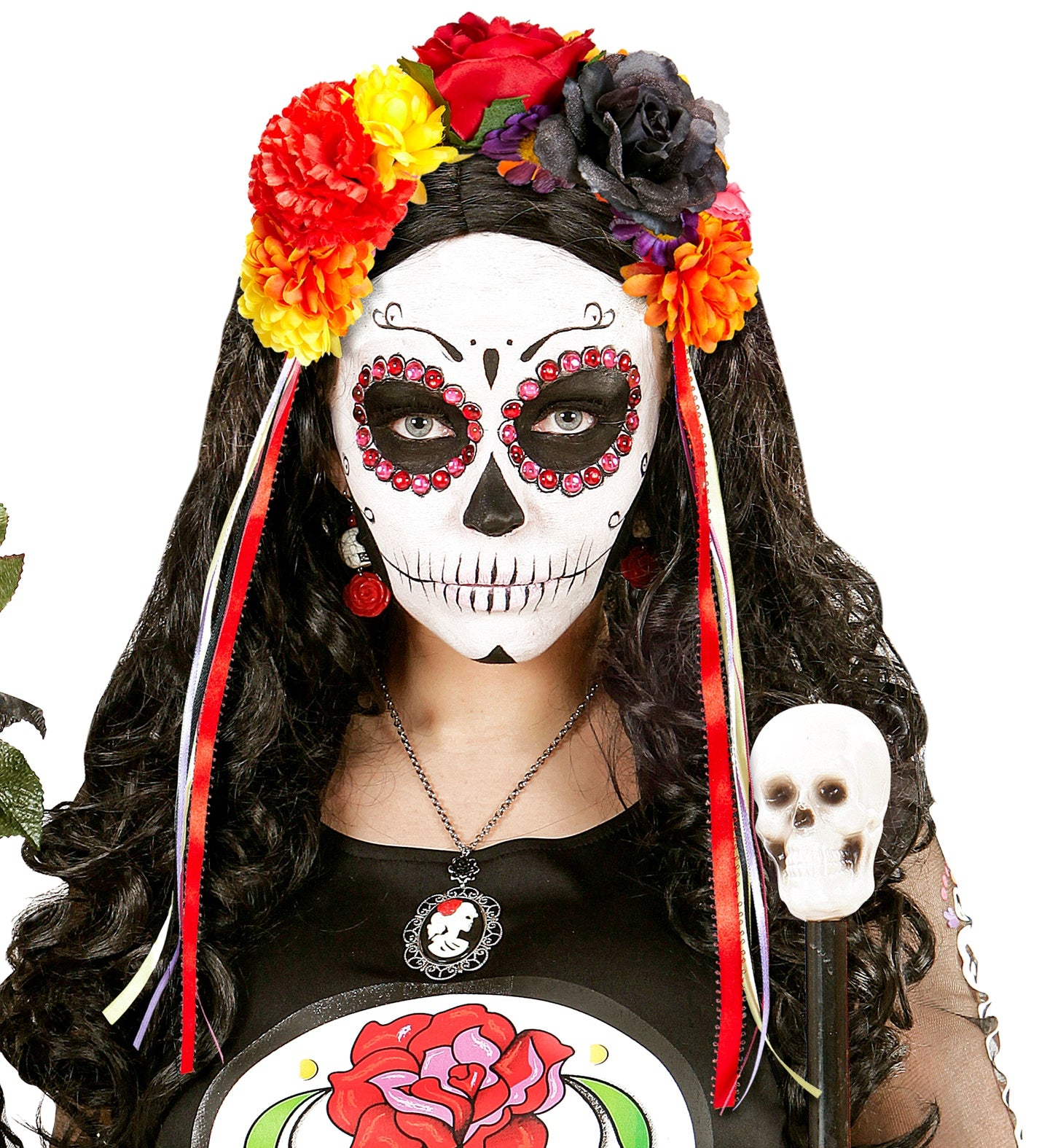 Flower Sugar Skull Headpiece with Multicoloured Ribbons