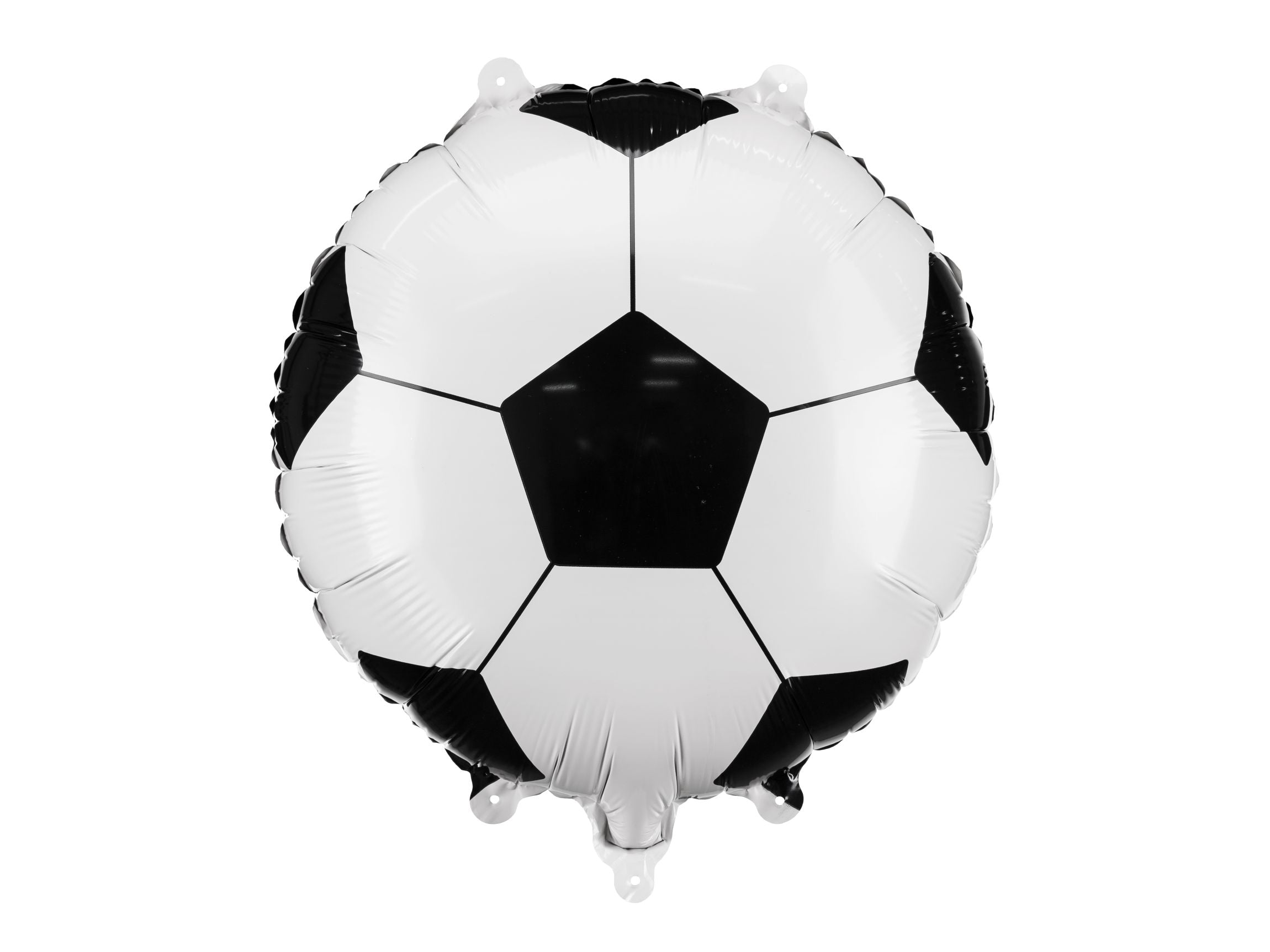 A perfectly round foil balloon designed like a classic black and white soccer ball, with its distinct hexagonal and pentagonal panels, isolated on a white background.