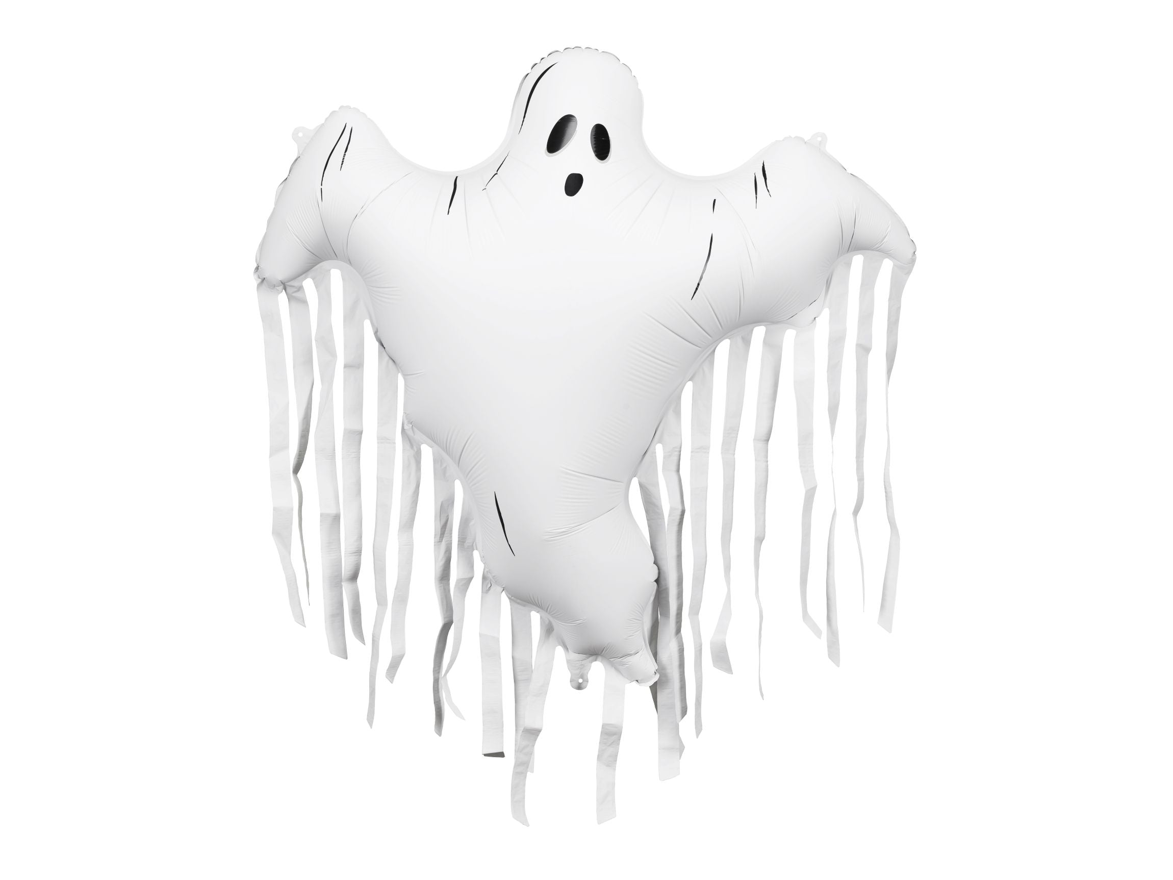 A white foil ghost-shaped balloon with black eyes and mouth, featuring multiple white streamer tassels hanging from its bottom edge, isolated on a white background.