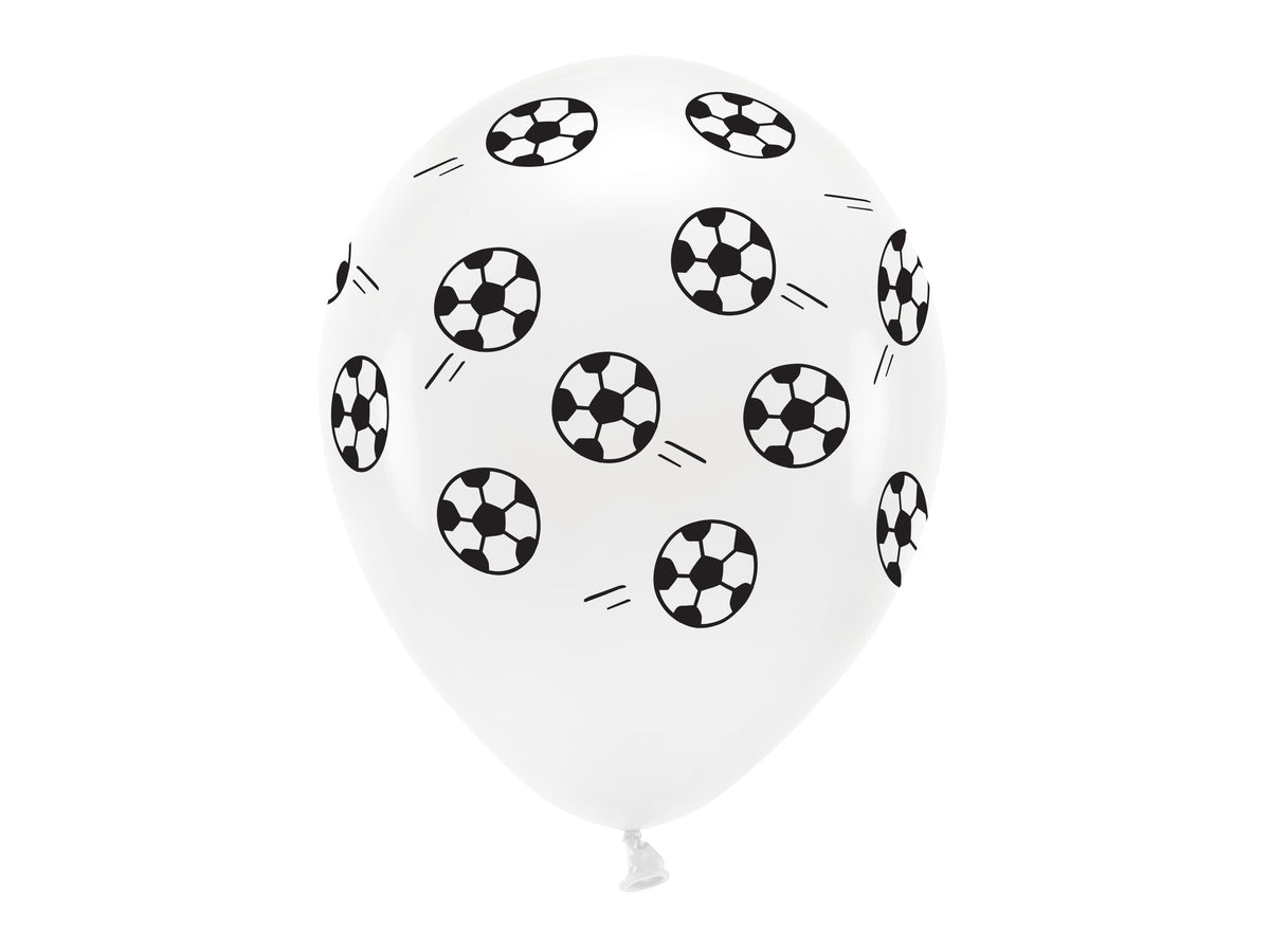 A fully inflated white round balloon covered in a repeating pattern of classic black and white footballs with small motion lines
