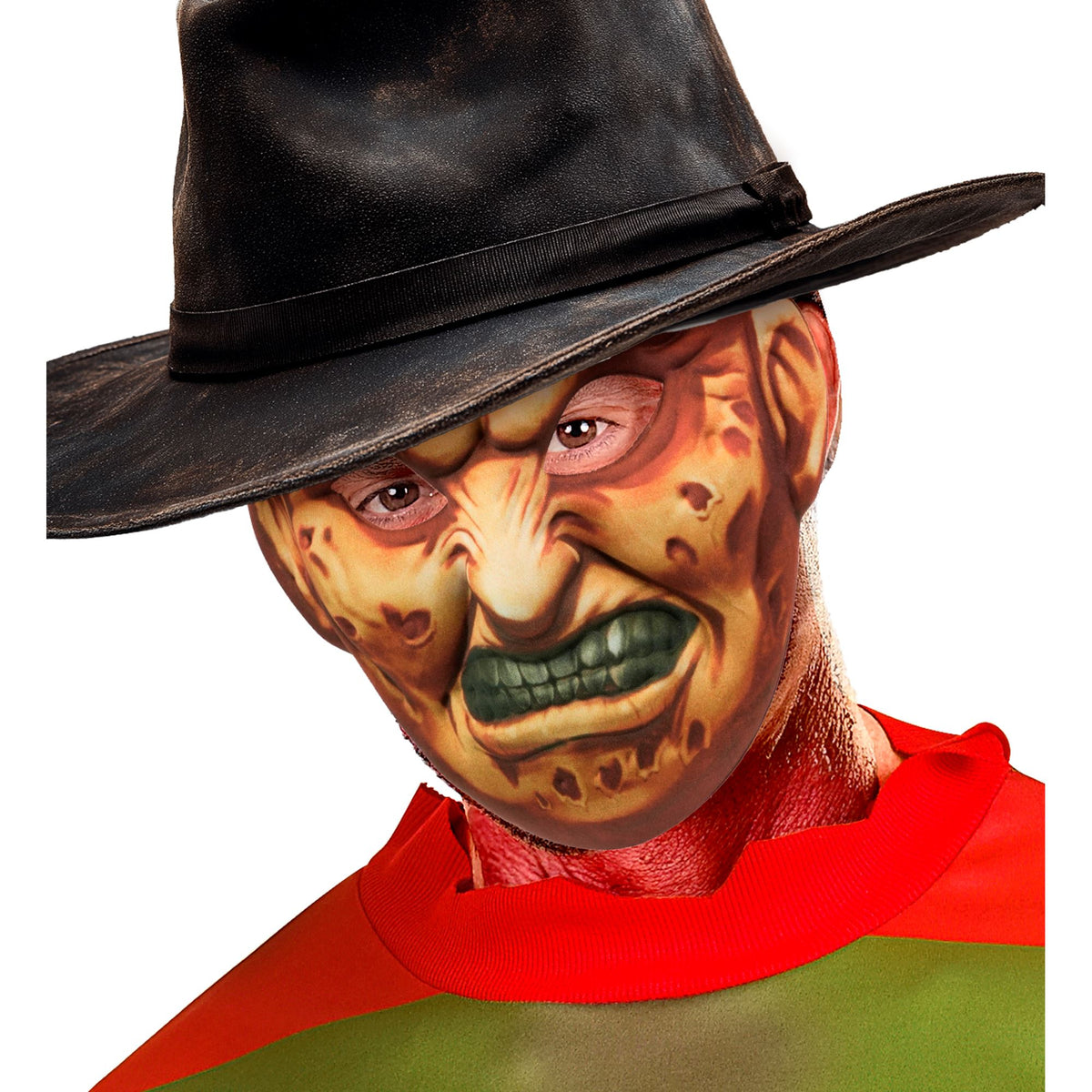 A man wearing a terrifying Freddy Krueger style fabric mask with realistic burn-like shading, paired with a classic brown fedora and a red and green striped slasher sweater.