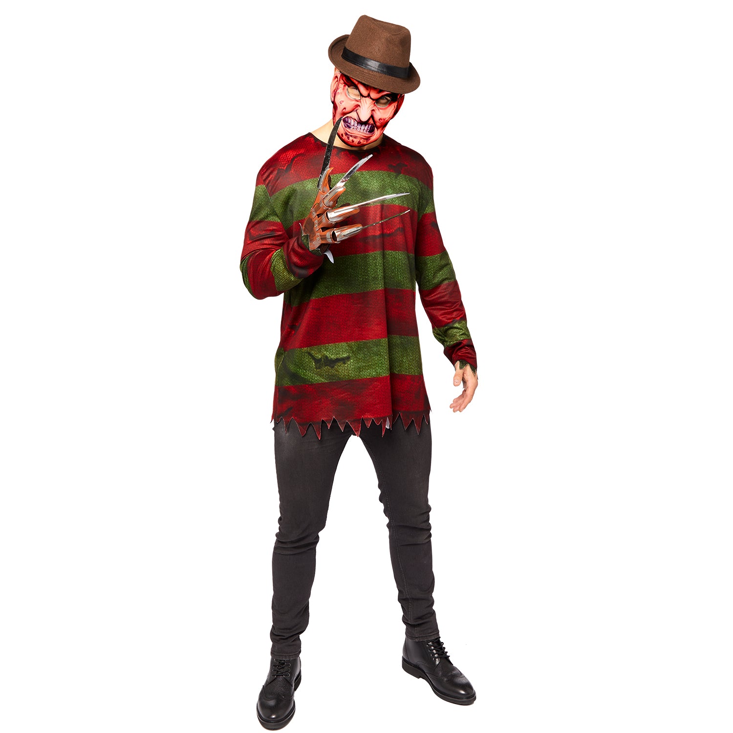 A man models the official adult Freddy Krueger costume, which includes the red and green striped shirt, a scarred mask, a brown fedora, and the bladed glove.