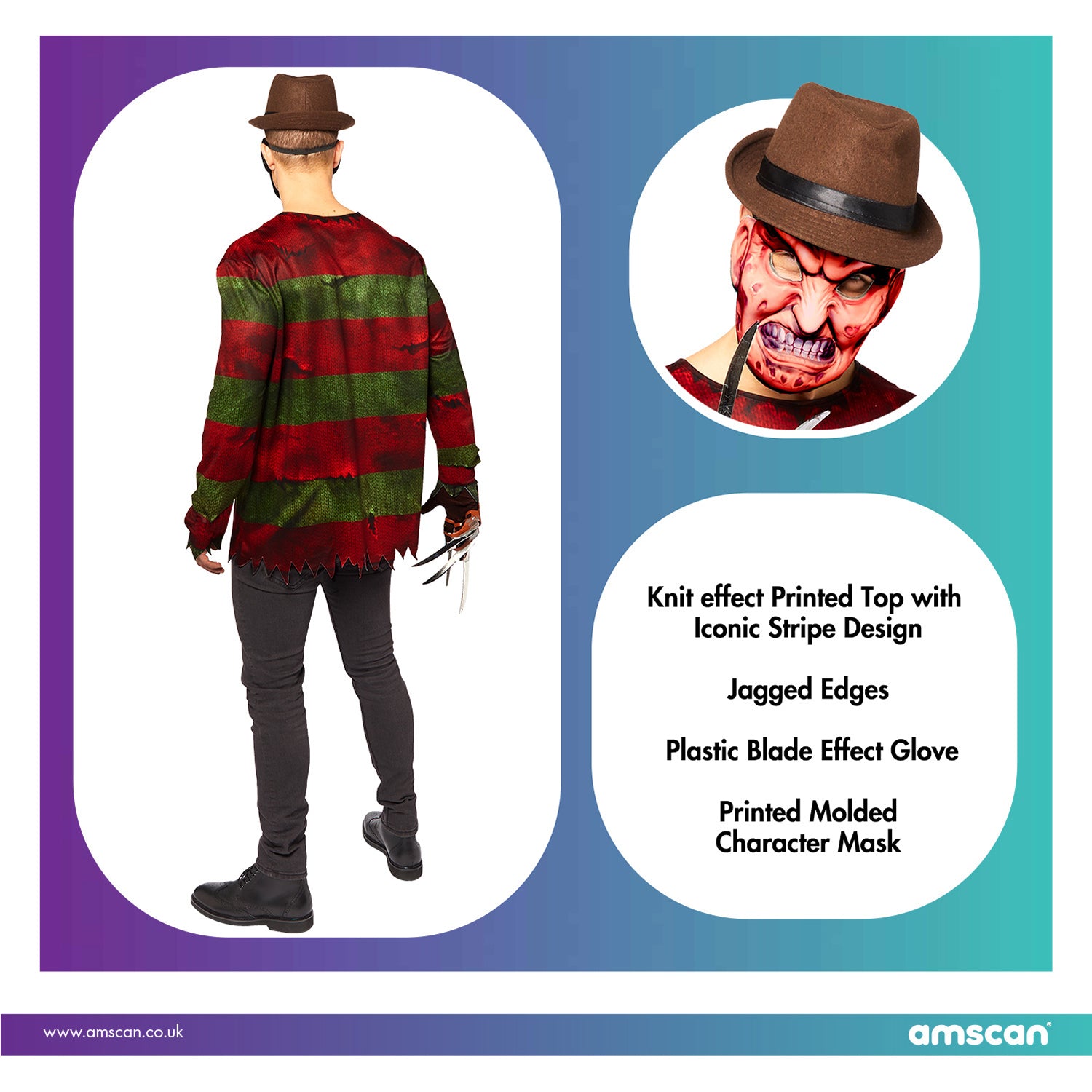 An infographic showing the back of the Freddy Krueger costume and detailing its contents: a knit-effect printed top, jagged edges, a plastic blade glove, and a printed mask.