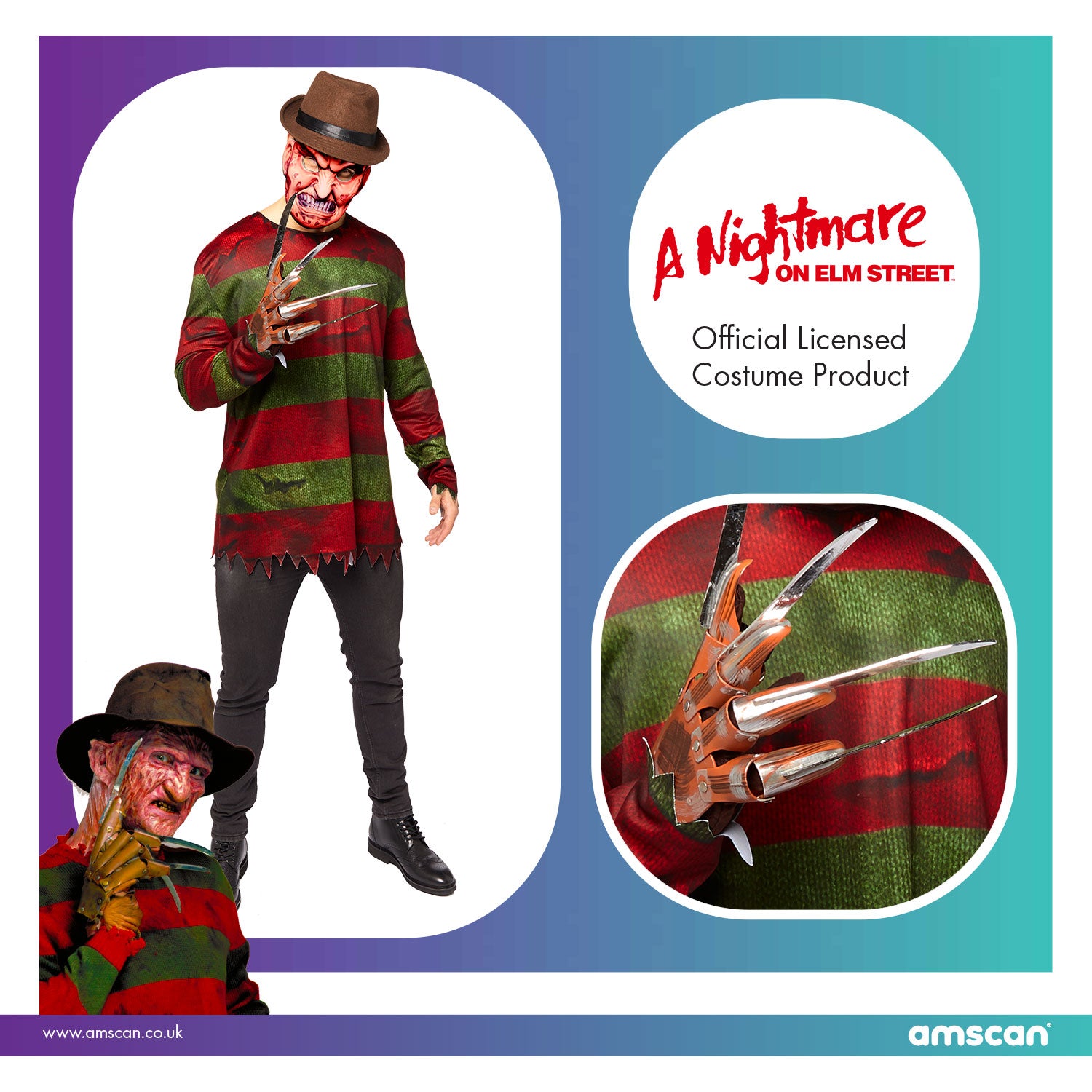 A promotional image for the official licensed 'A Nightmare on Elm Street' Freddy Krueger costume, showing the full outfit and a close-up of the bladed glove.