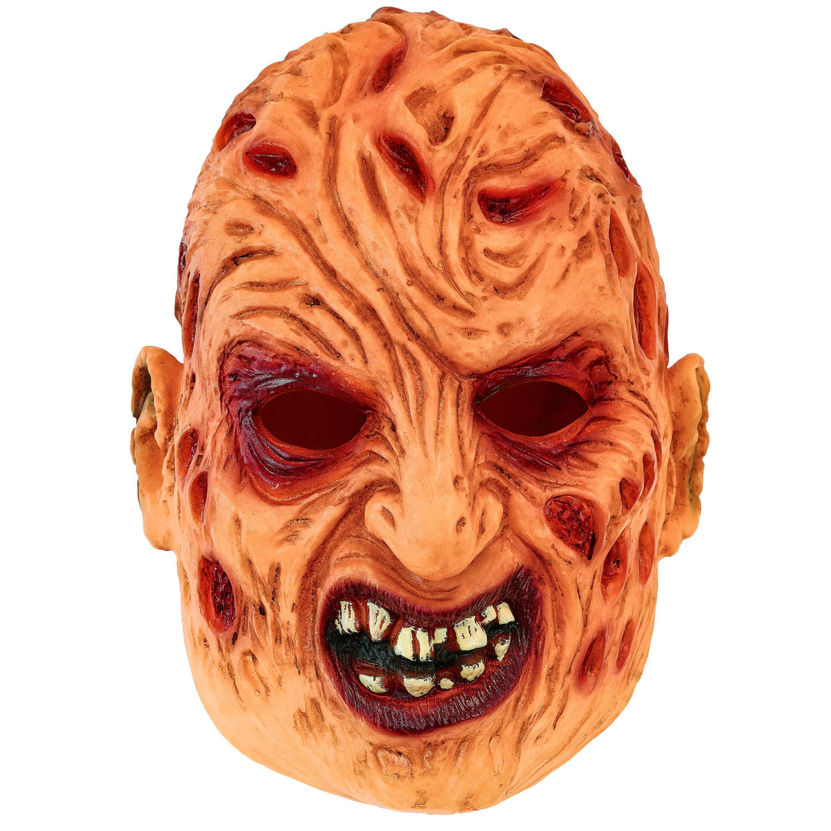 A horror Freddy mask with a textured, scarred skin-like surface in shades of orange, brown, and red, featuring hollow dark eye sockets and a wide open mouth showing sharp teeth.