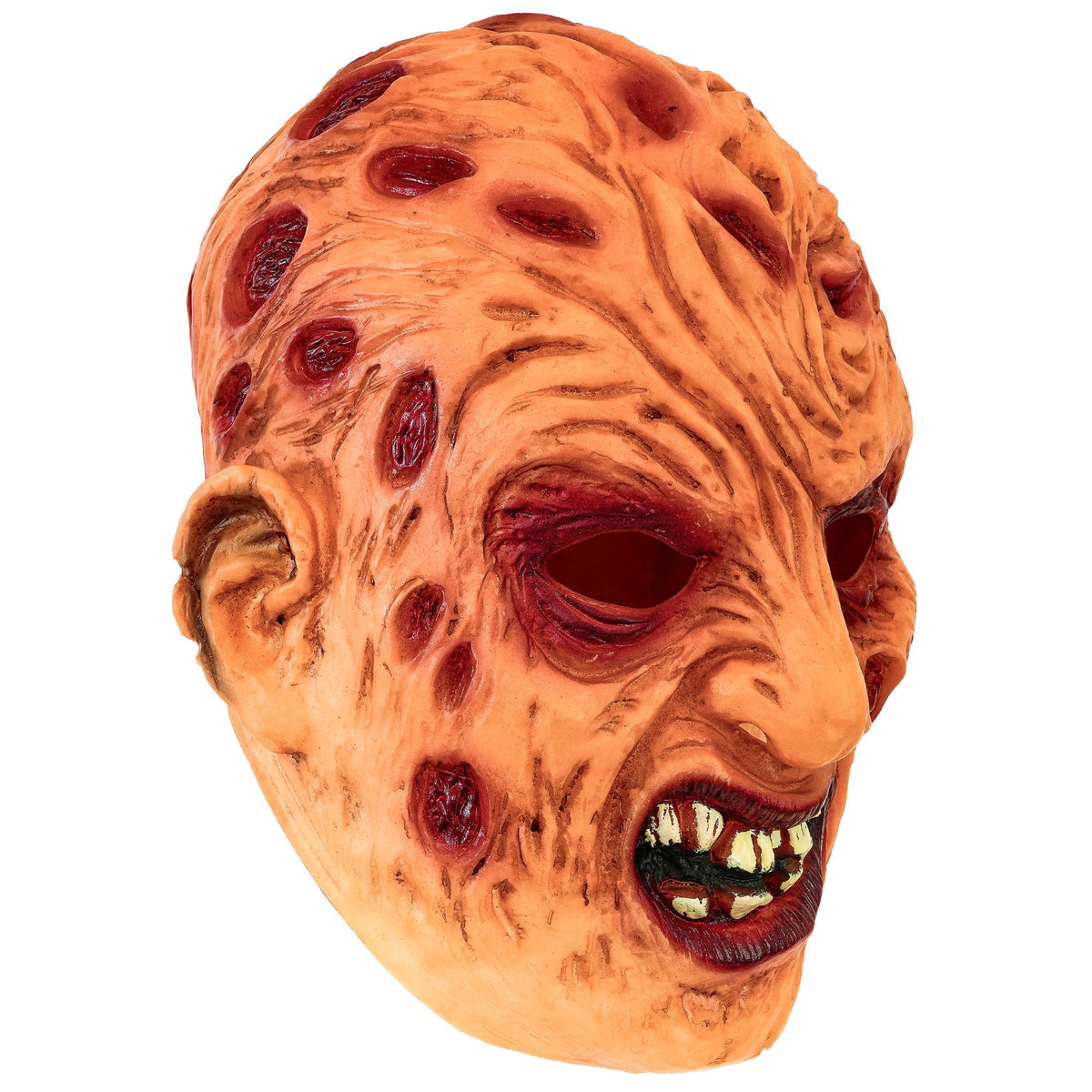 A slightly angled isolated view of the Freddy latex mask, highlighting the detailed ear molding and the deep, realistic texture of the simulated burn scars.