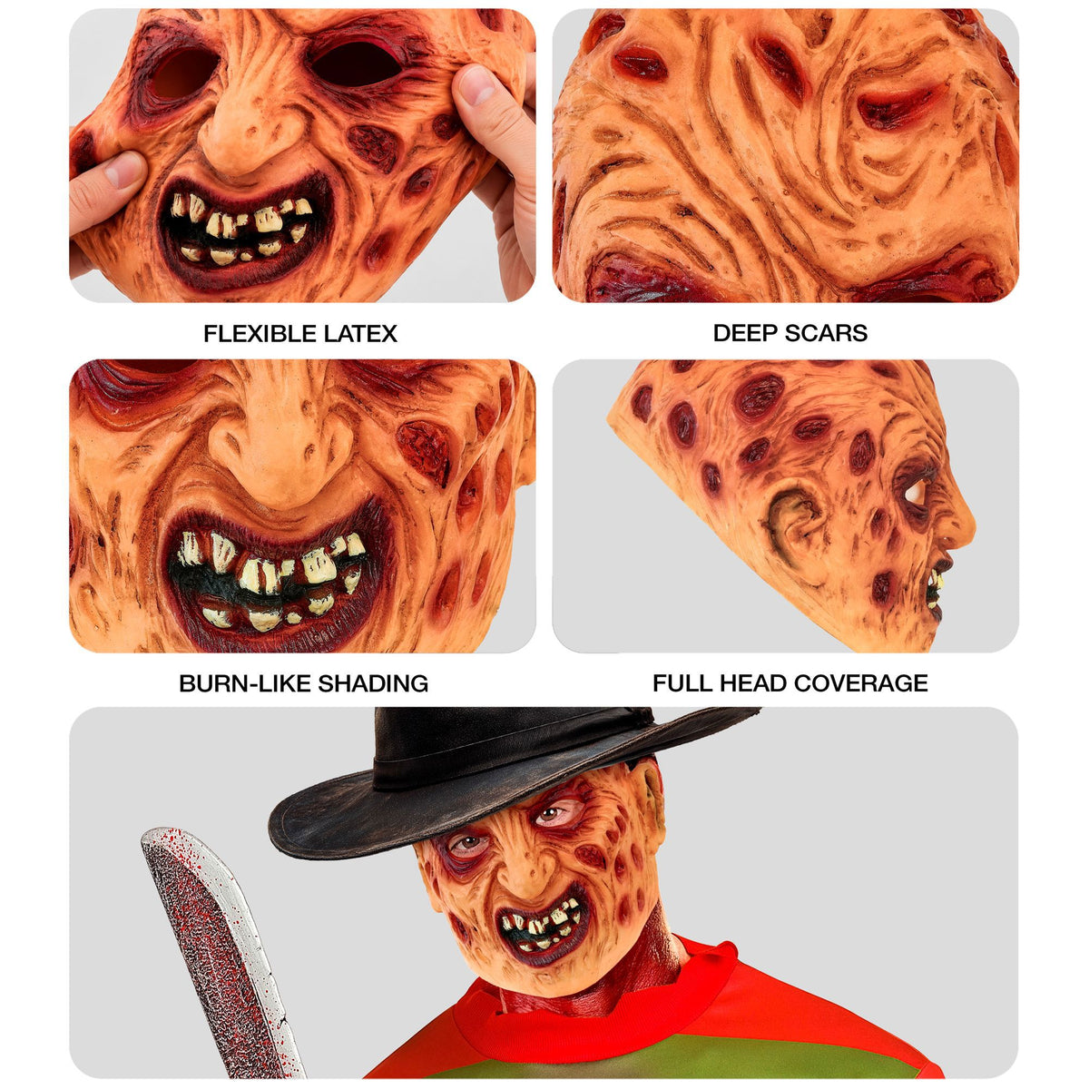 A collage detailing the features of the Freddy Latex Mask, highlighting the flexible latex material, deep scars, burn-like shading, full head coverage, and a styling example with a fedora, sweater, and bloody knife.