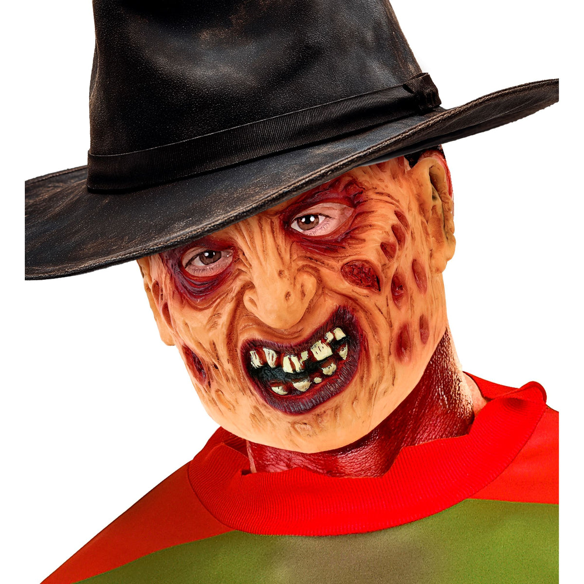 A man wearing the detailed Freddy latex full-head mask, styled authentically with a classic brown fedora hat and a red and green striped slasher sweater.
