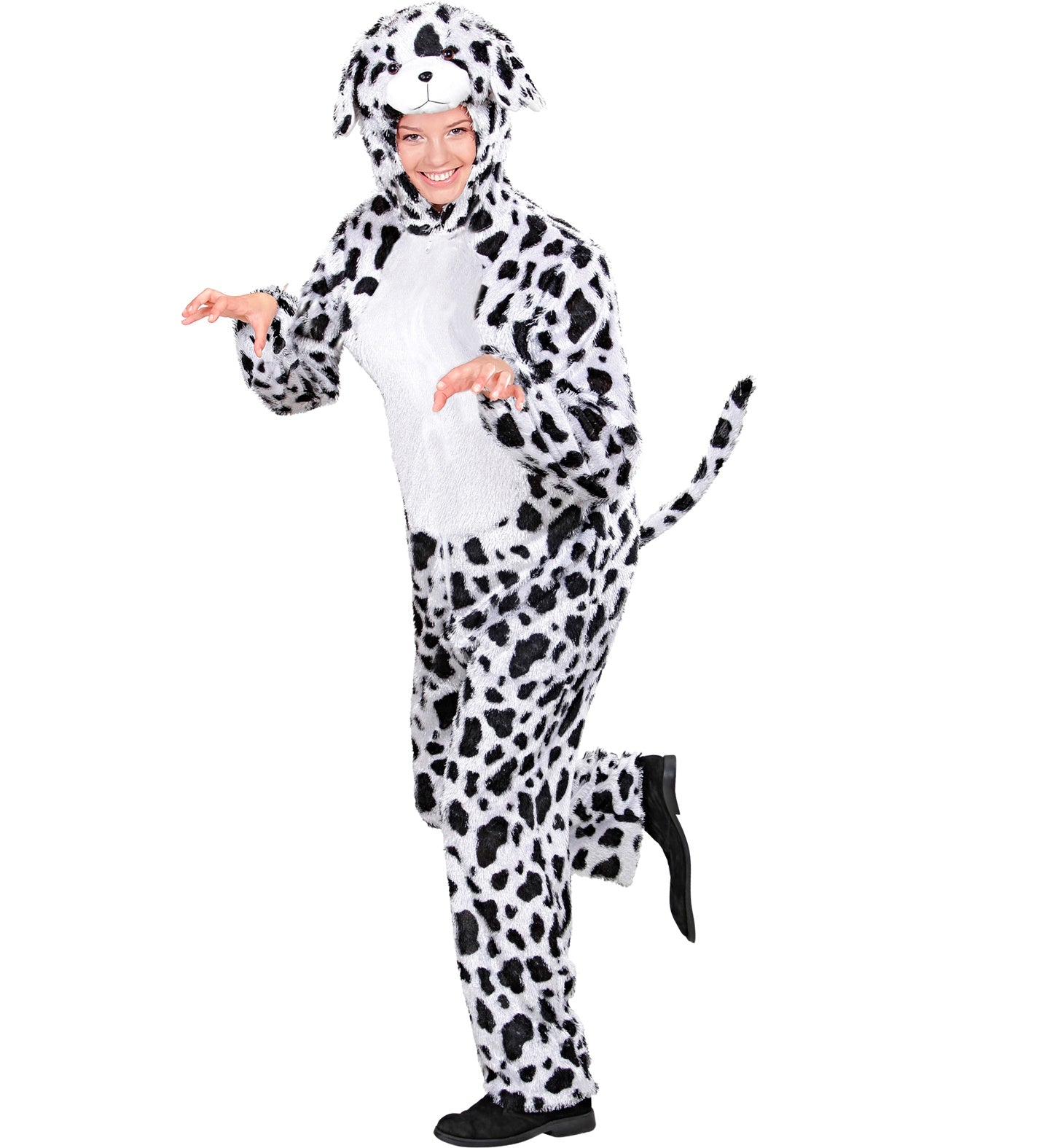 A woman wearing a plush, black and white spotted dalmatian jumpsuit with an attached hooded mask.