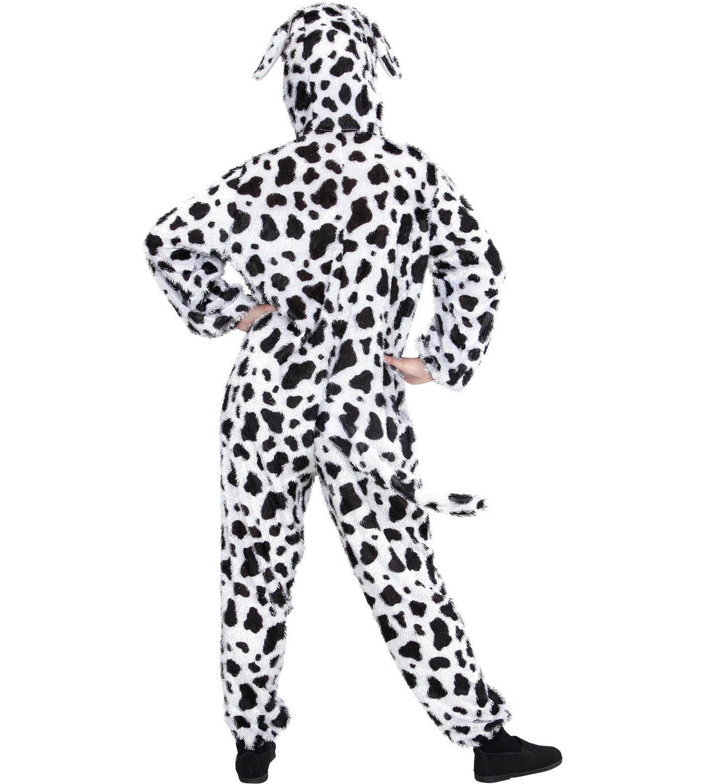 The back of the dalmatian costume showing the spotted print and the attached plush tail.