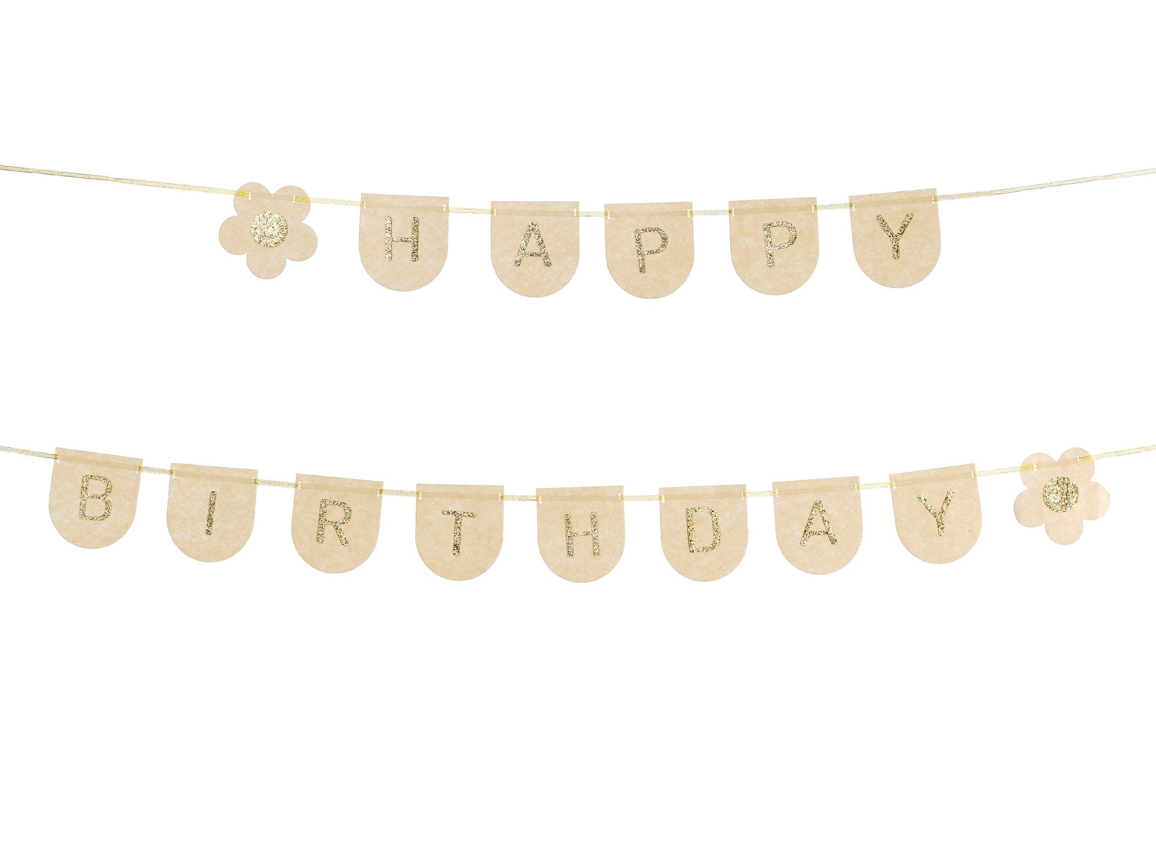 A "HAPPY BIRTHDAY" banner made of light pink felt flag shapes with glittery gold letters, strung on a gold ribbon, featuring glittery flower accents on each end, isolated on a white background.