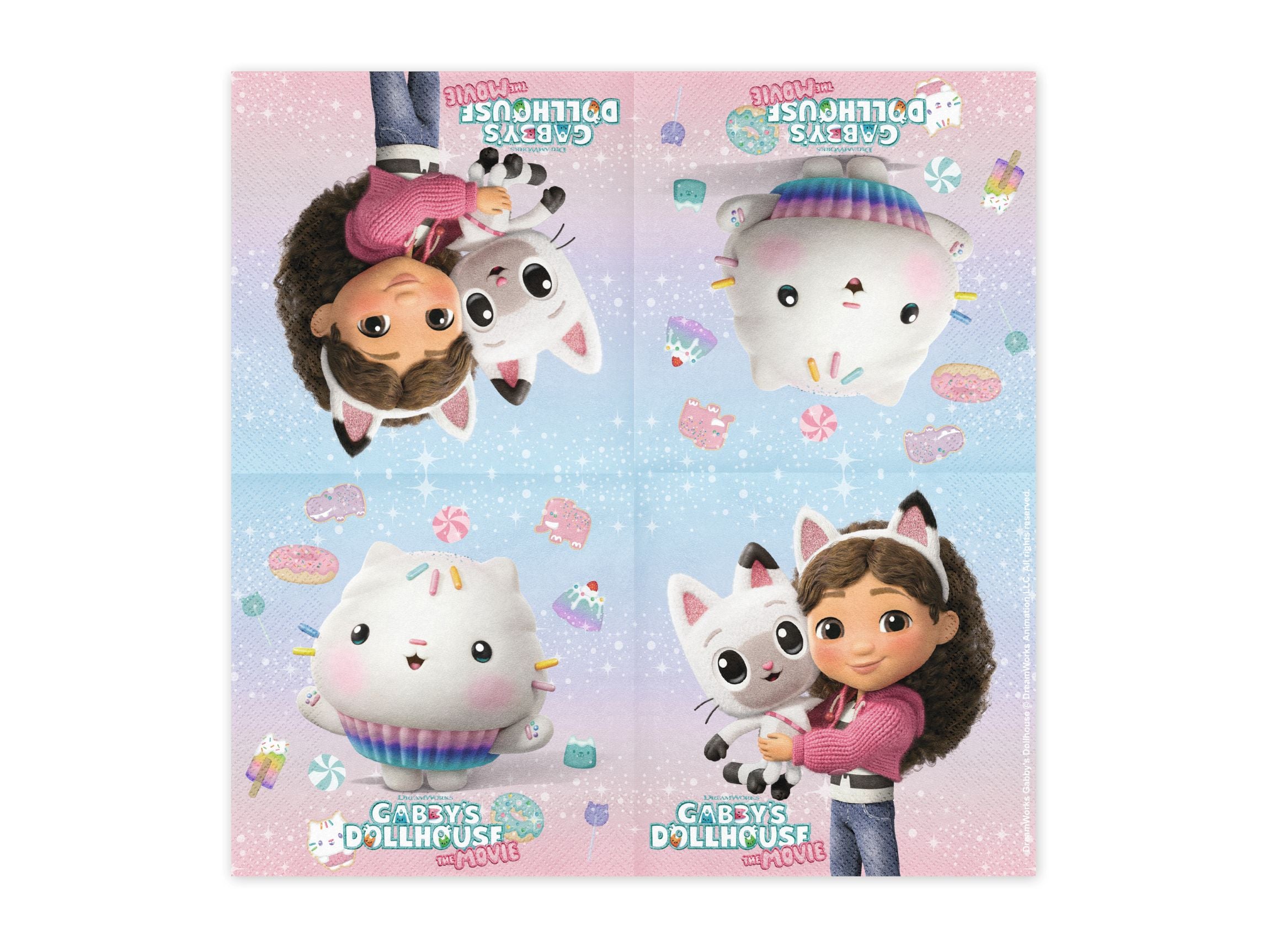 Gabby's Dollhouse movie paper napkins  opened out featuring Gabby and Pandy Paws  and Cakey on a pastel purple background.