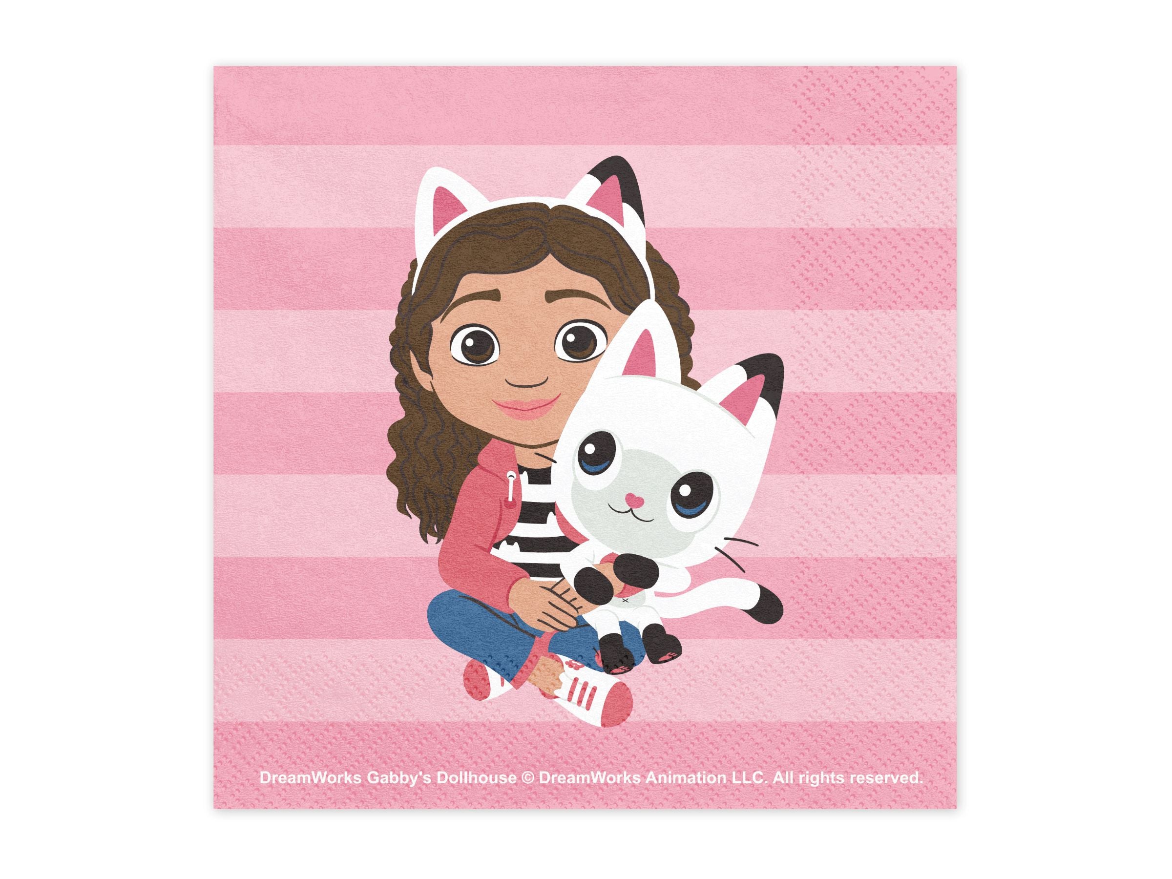 Pink striped Gabby's Dollhouse paper napkins featuring Gabby and Pandy Paws.
