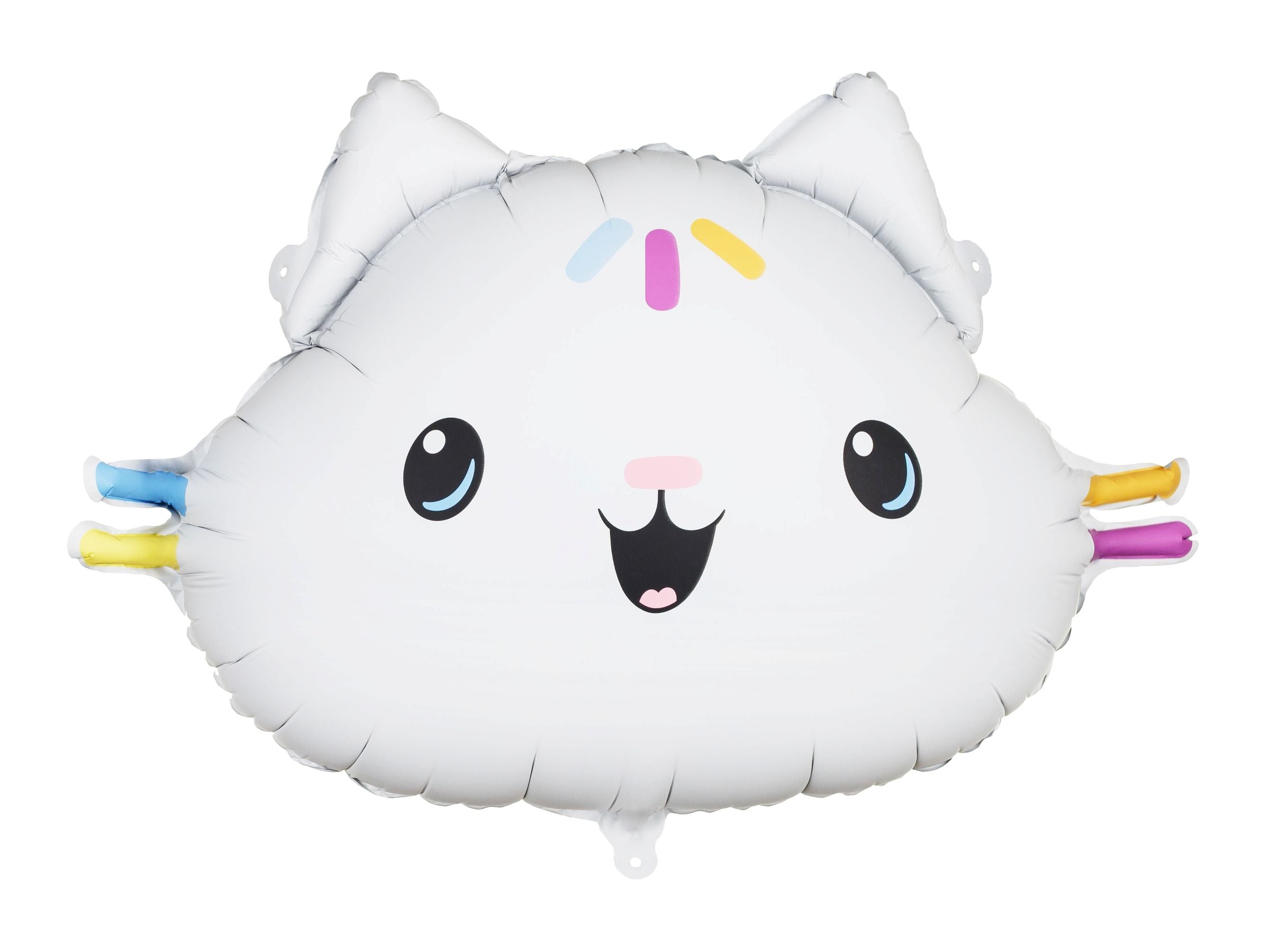 Giant Cakey Cat shaped foil balloon with white finish and colorful sprinkle details.