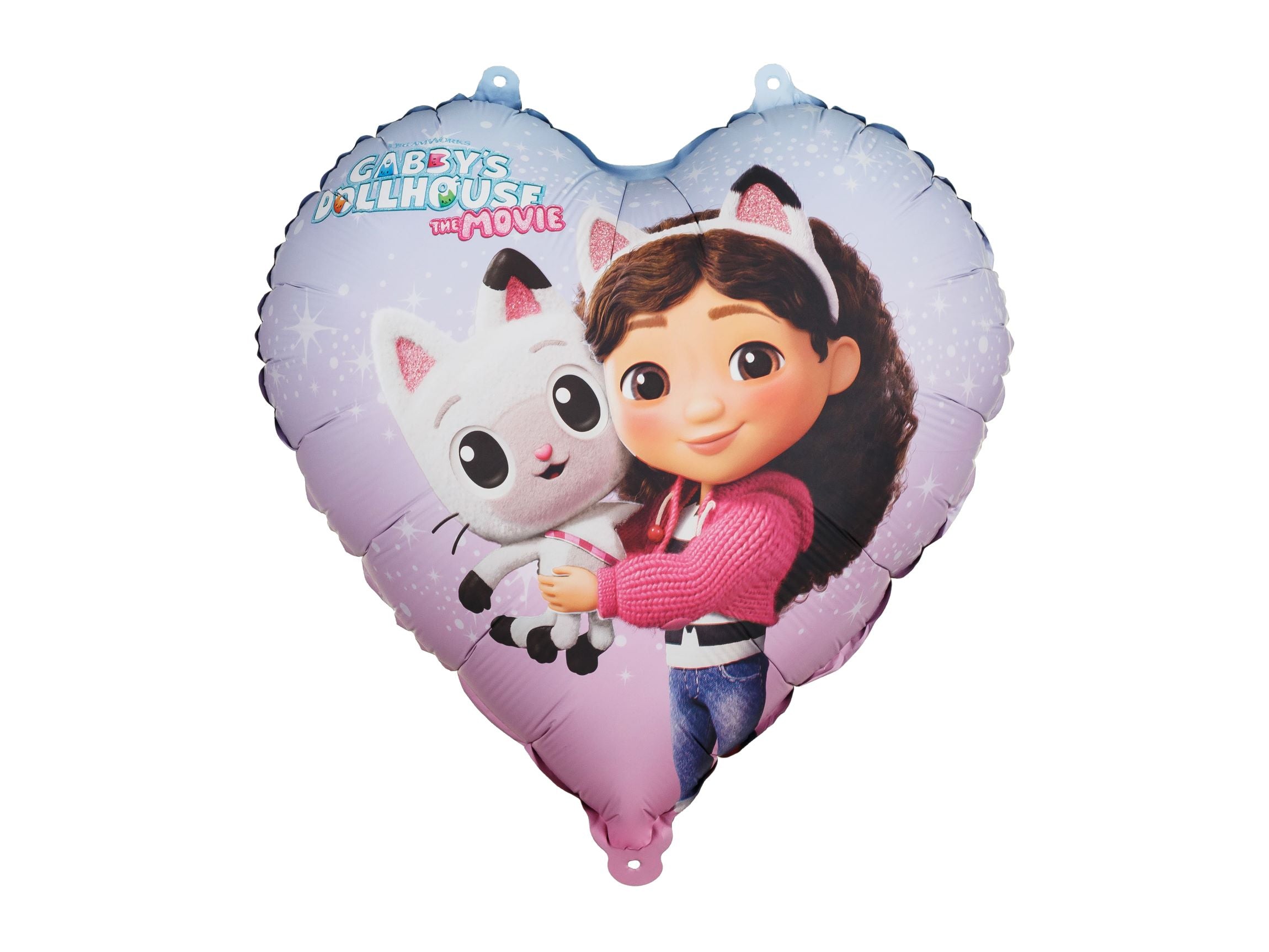 Heart-shaped foil balloon featuring Gabby and Pandy Paws from Gabby's Dollhouse on a purple background.
