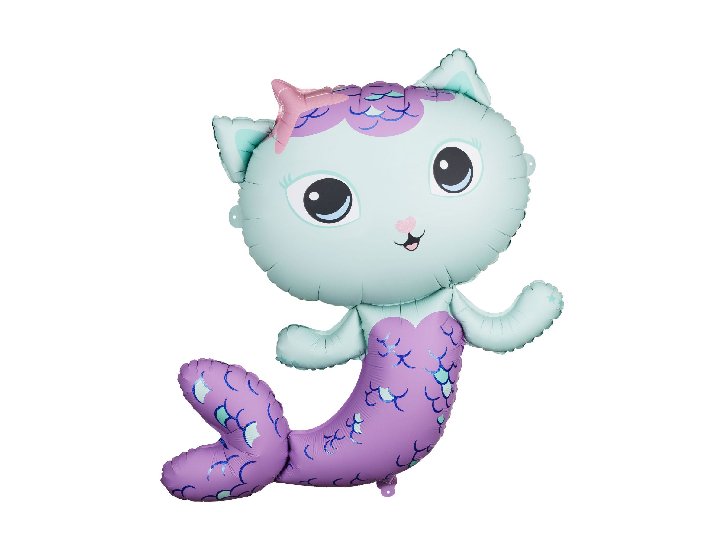 Giant MerCat shaped foil balloon with teal and purple mermaid scales and a pink starfish.