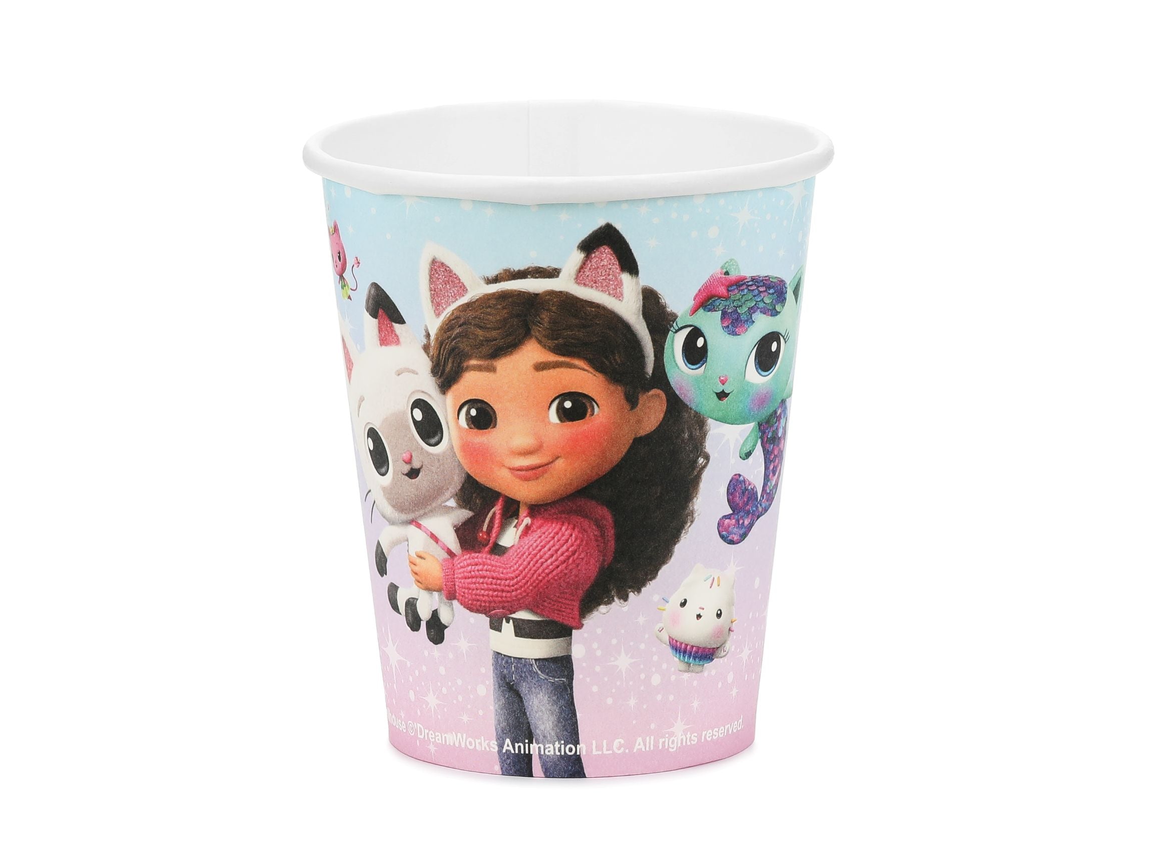 A single Gabby's Dollhouse paper cup featuring Gabby and Pandy Paws on a pastel purple background.